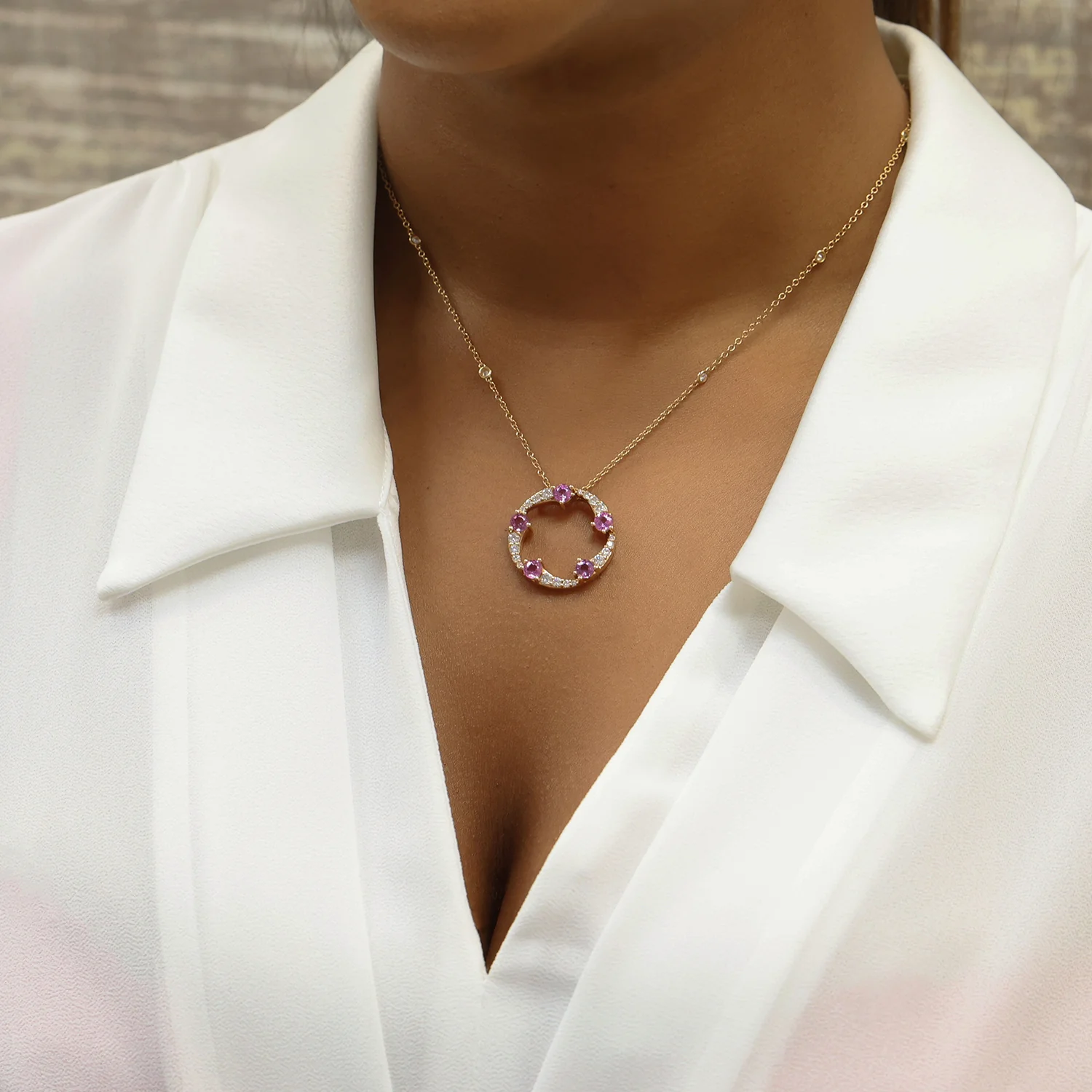OPEIA Collection 18ct Rose Gold Pink Sapphire And Diamond Large Circle Pendant - Image 3