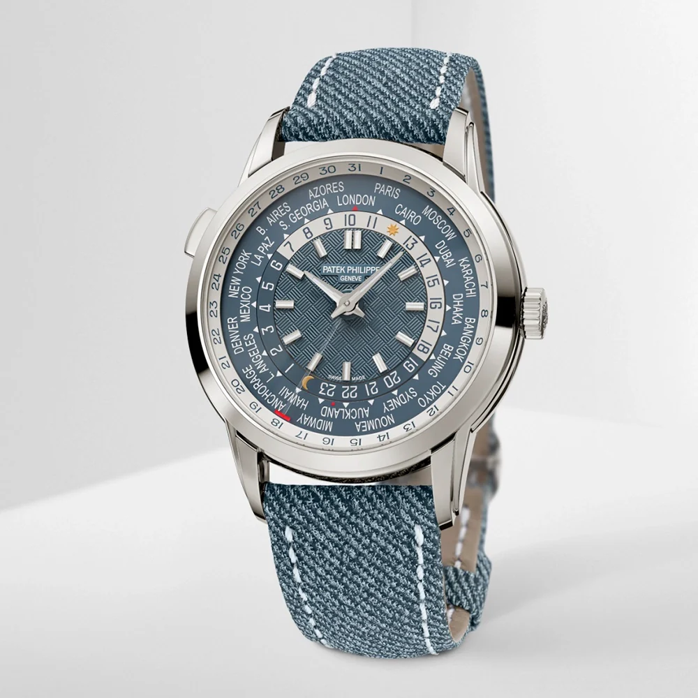 Complications World Time Date 40mm Blue Dial Denim Strap Watch - Image 7
