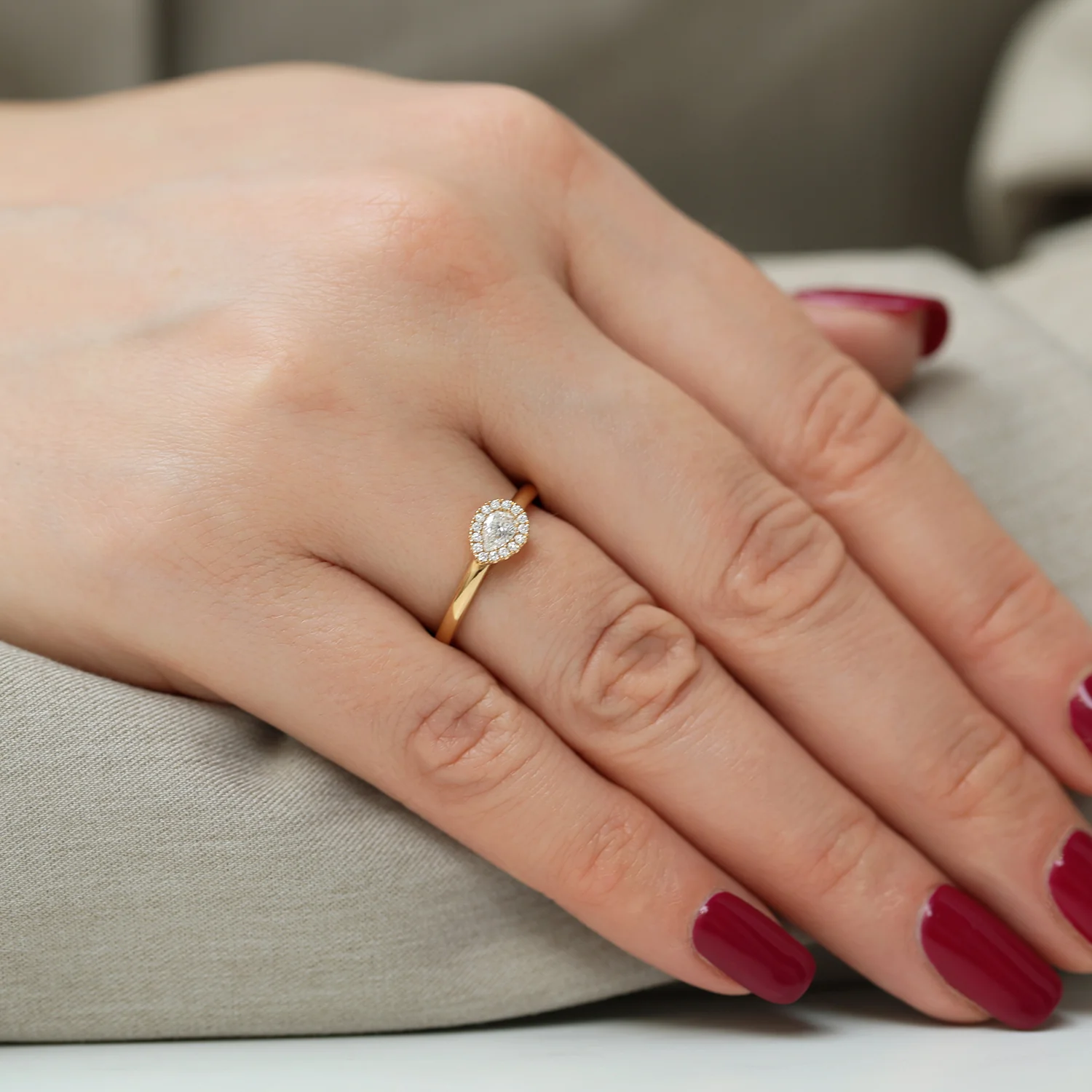 18ct Rose Gold Pear Cut Diamond Halo Ring - Image 2
