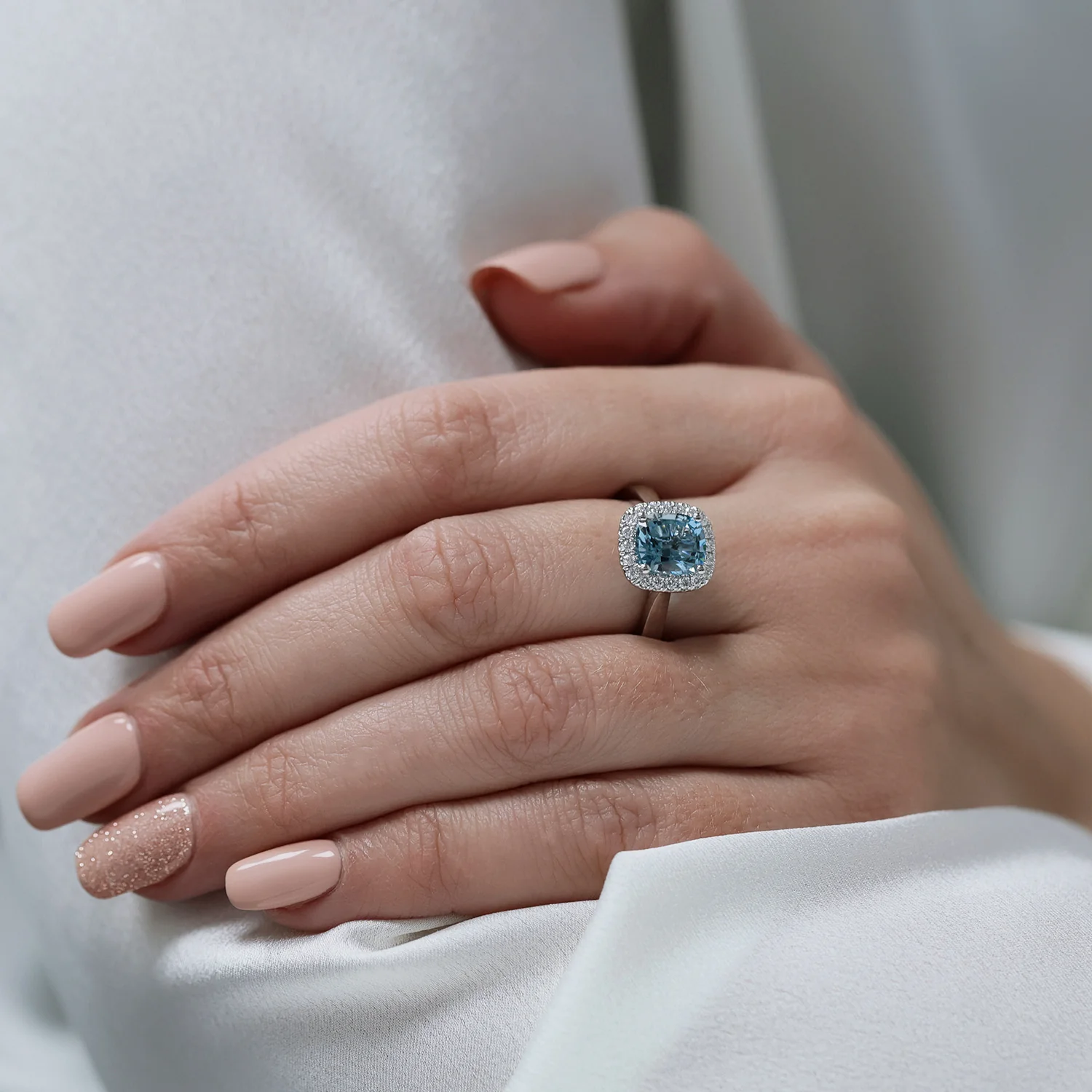 Platinum Aquamarine and Diamond Halo Ring - Image 3