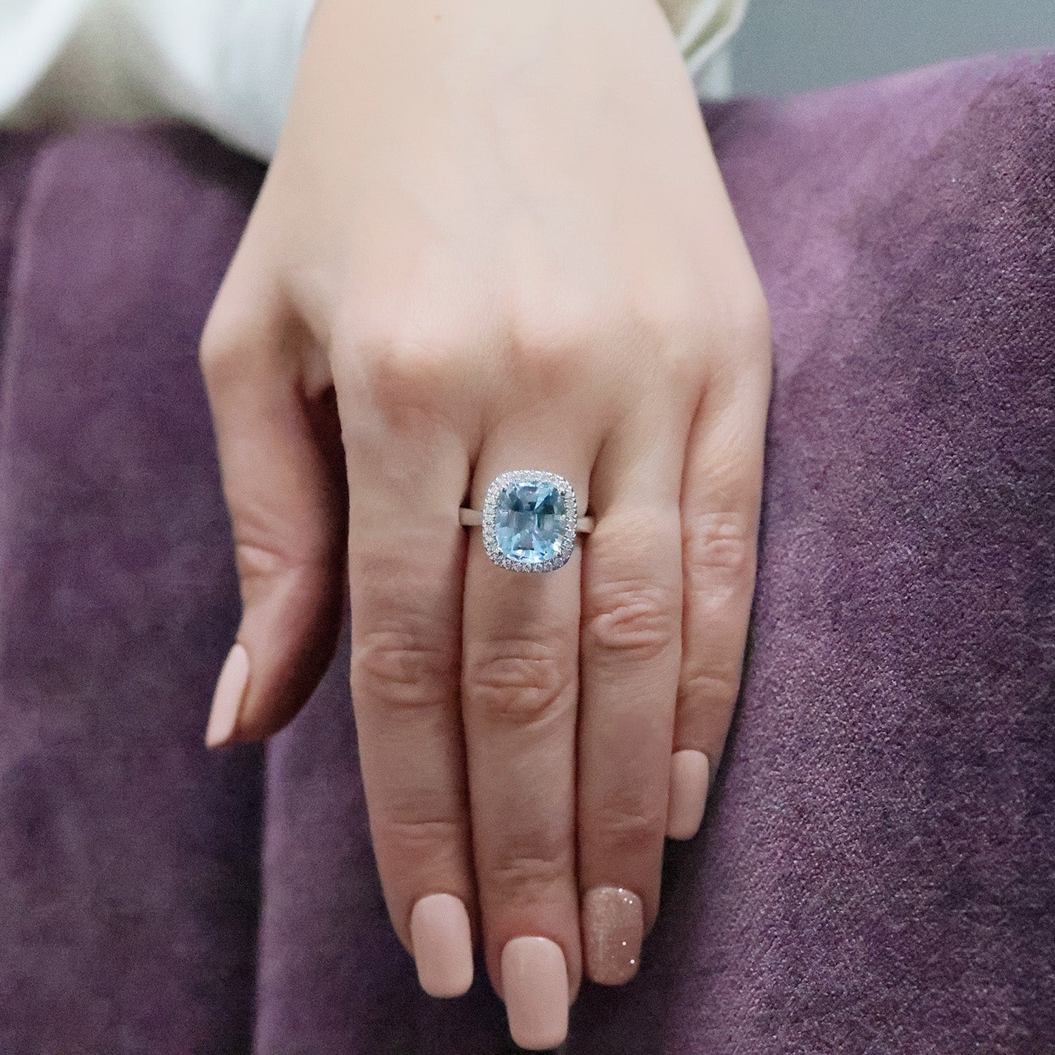 Platinum Aquamarine & Diamond Halo Ring - Image 3
