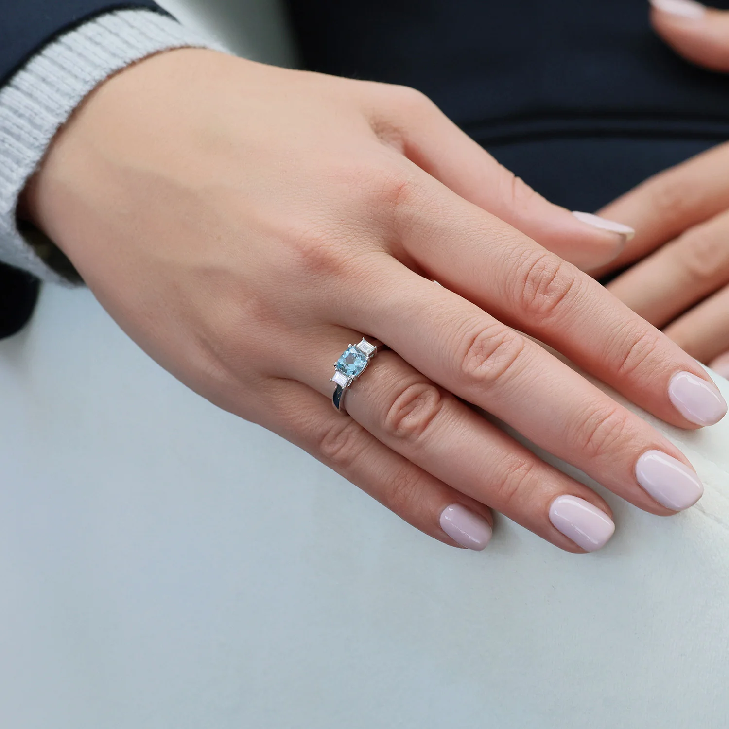 Platinum Aquamarine And Emerald Cut Diamond Three Stone Ring - Image 3