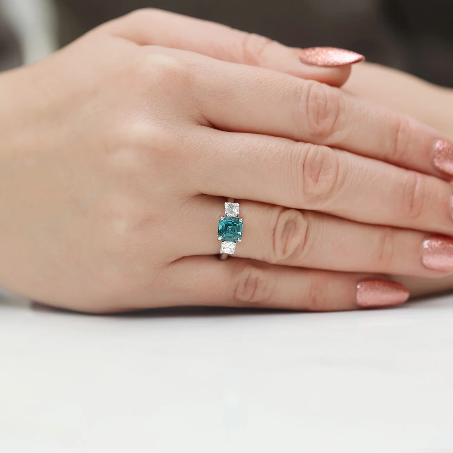 Platinum Asscher Cut Green Tourmaline & Diamond Three Stone Ring - Image 2