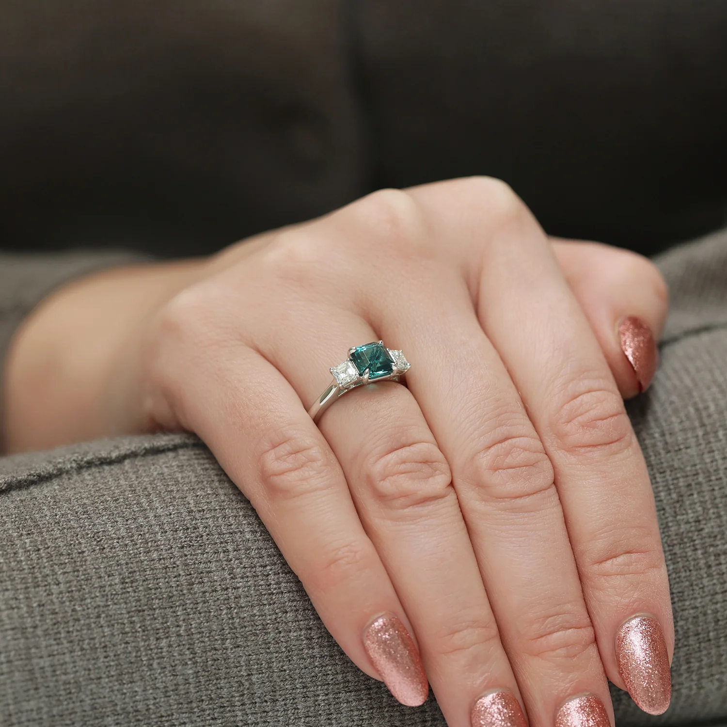 Platinum Asscher Cut Green Tourmaline & Diamond Three Stone Ring - Image 3