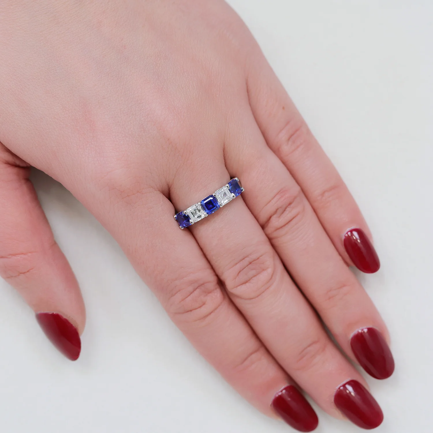 Platinum Asscher Cut Sapphire And Diamond Five Stone Eternity Ring - Image 3