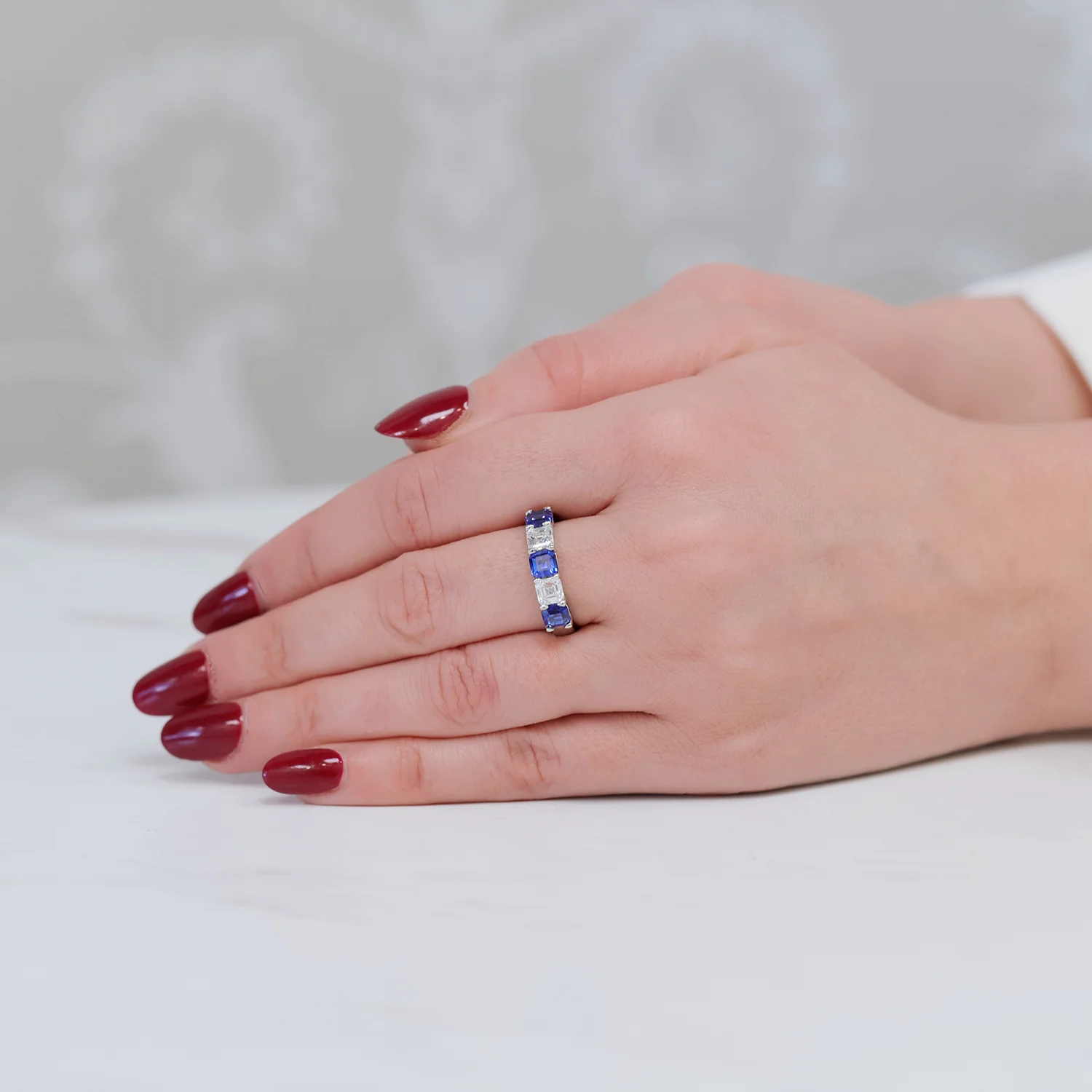 Platinum Asscher Cut Sapphire And Diamond Five Stone Eternity Ring - Image 4