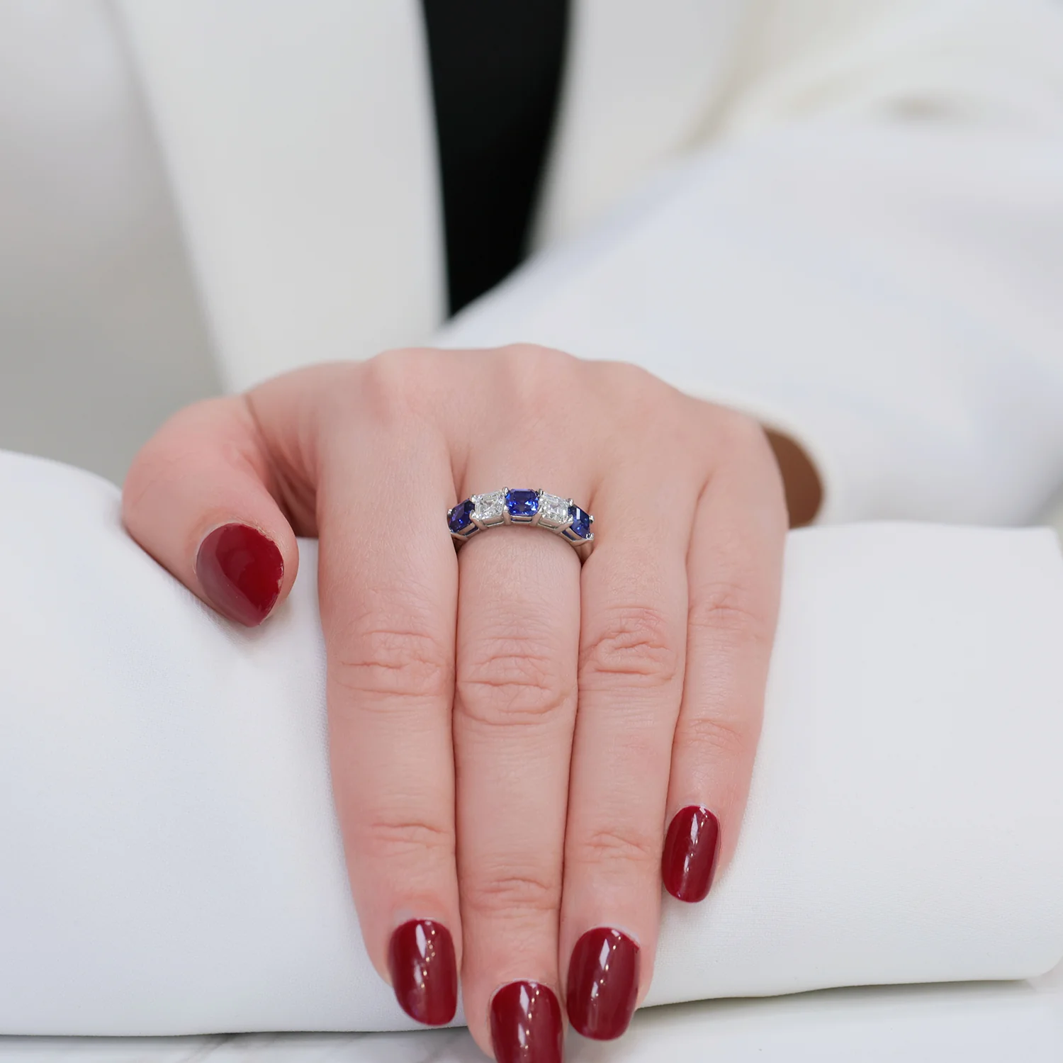 Platinum Asscher Cut Sapphire And Diamond Five Stone Eternity Ring - Image 5