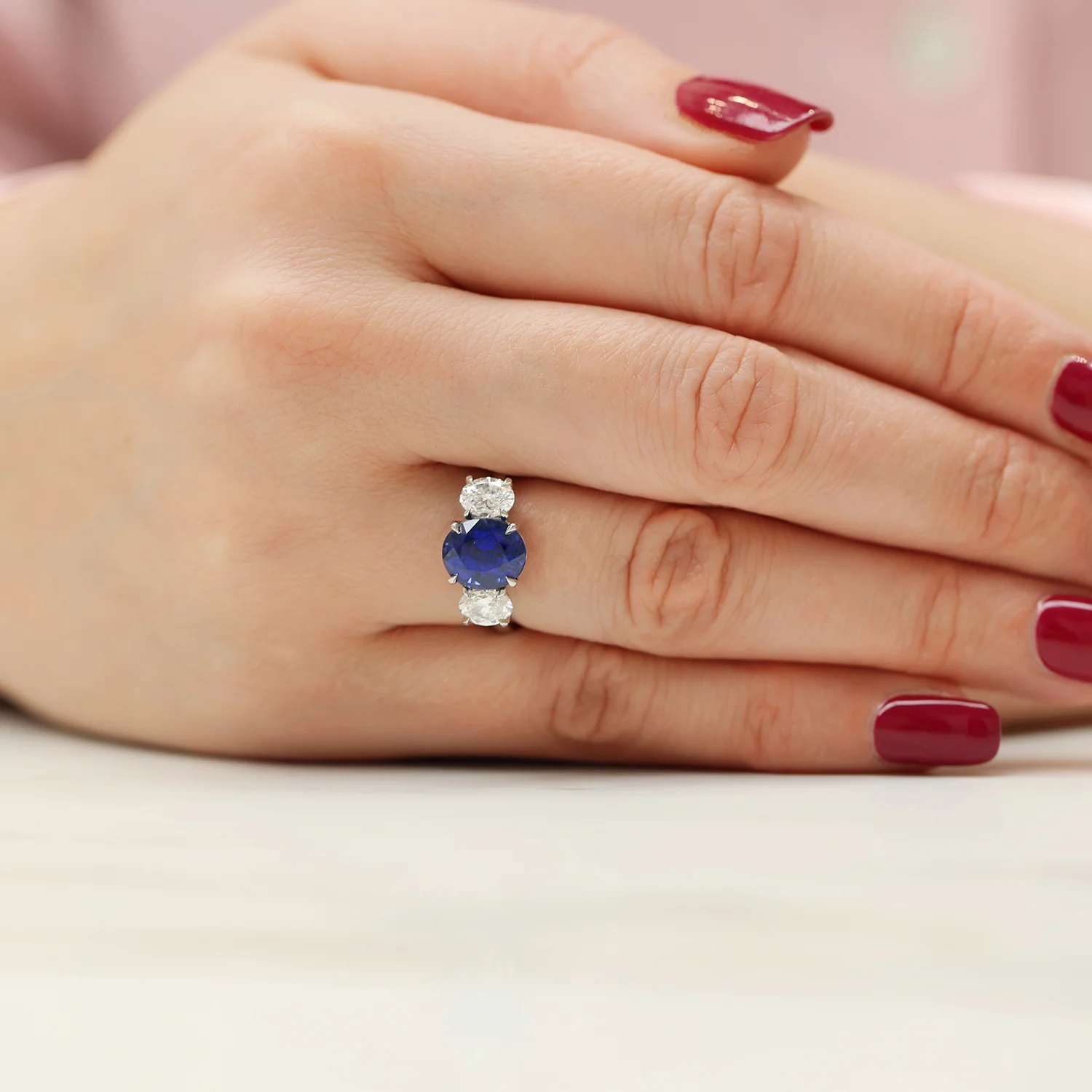 Platinum Certificated Oval Cut Blue Sapphire And Oval Cut Diamond Three Stone Ring - Image 2