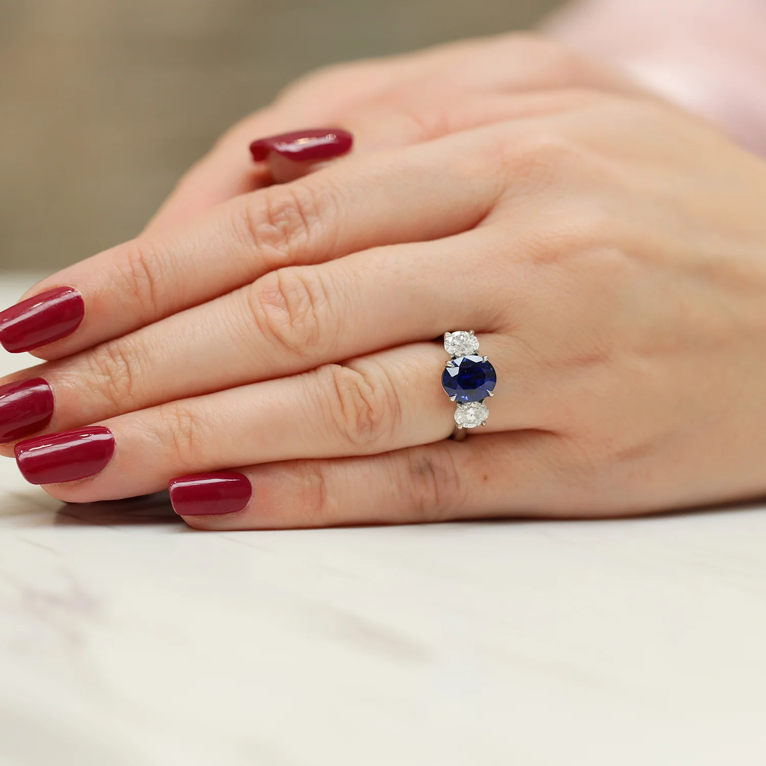 Platinum Certificated Oval Cut Blue Sapphire And Oval Cut Diamond Three Stone Ring - Image 3