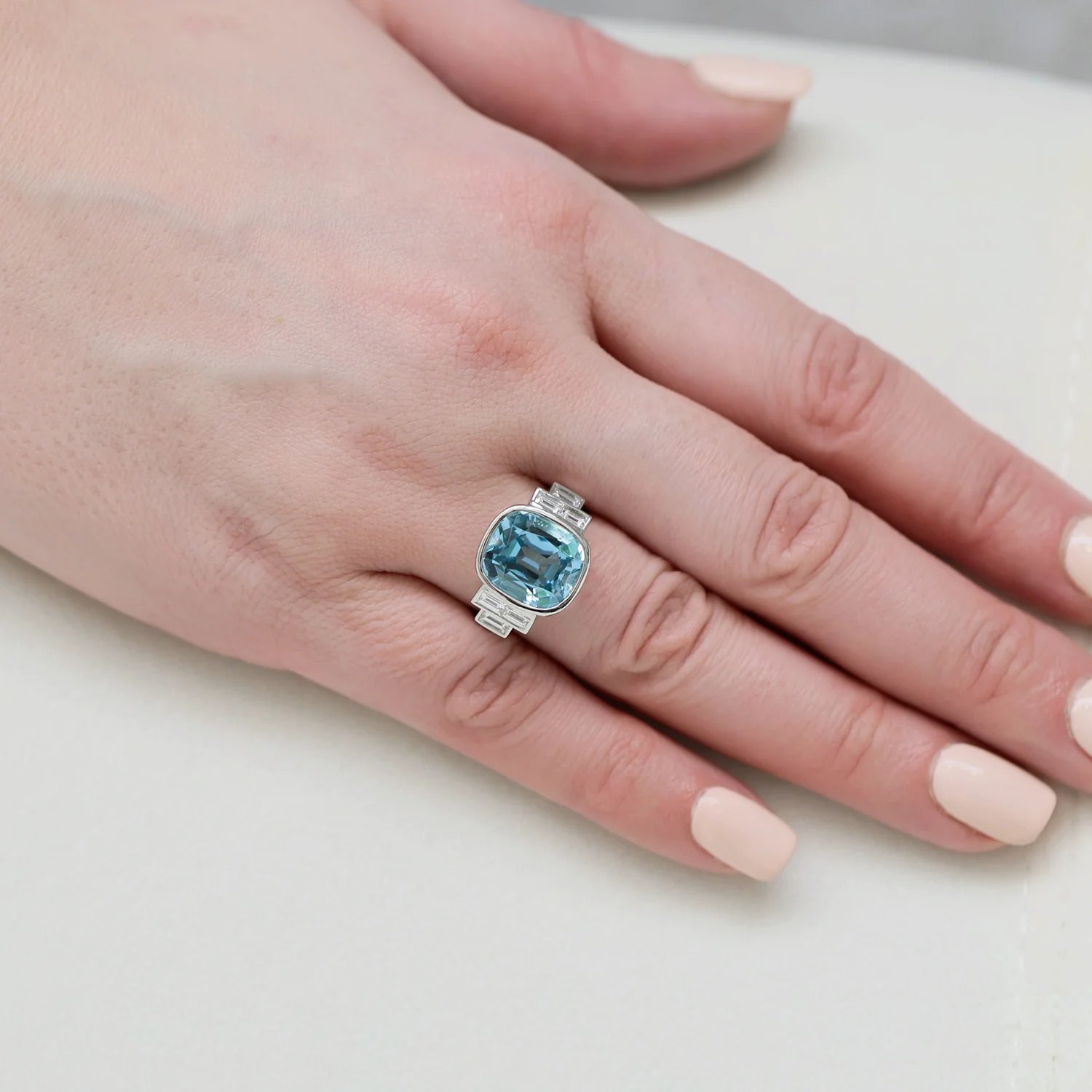 Platinum Cushion Cut Aquamarine And Baguette Diamond Dress Ring - Image 3