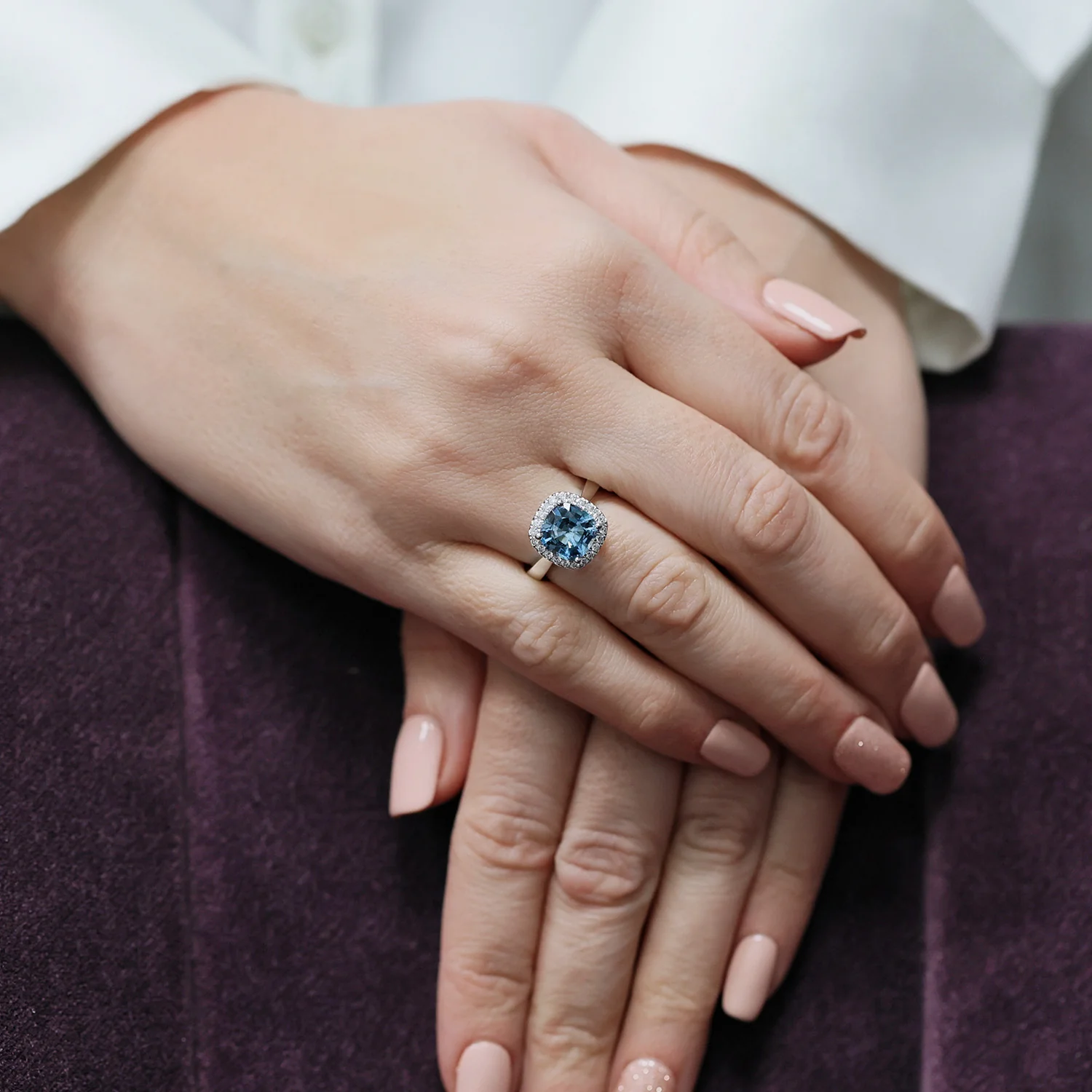 Platinum Cushion Cut Aquamarine And Diamond Halo Ring - Image 3