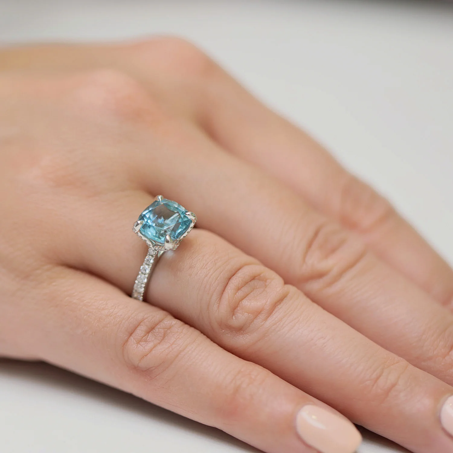 Platinum Cushion Cut Aquamarine & Diamond Ring - Image 3