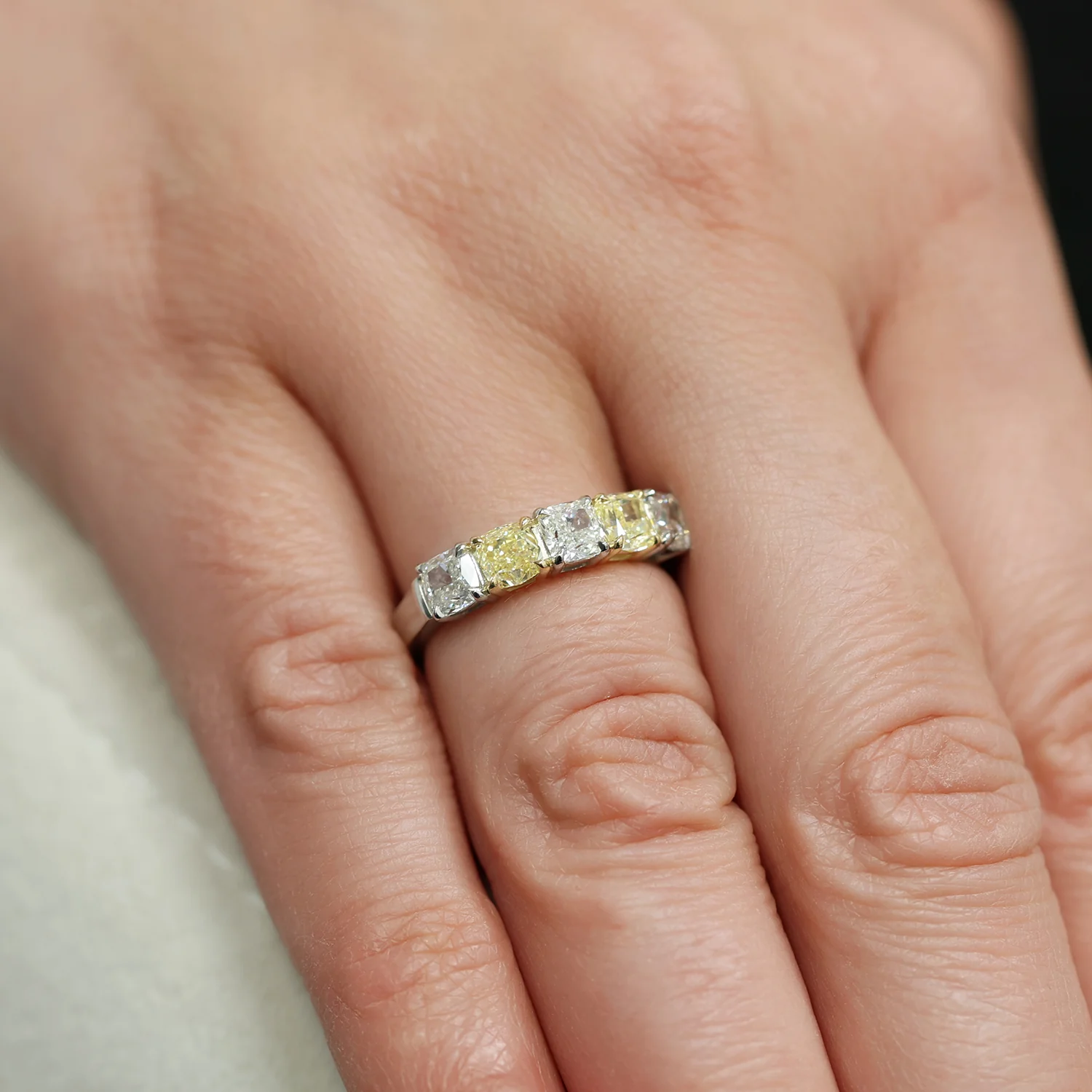 Platinum Cushion Cut Diamond And Yellow Diamond Five Stone Eternity Ring - Image 2