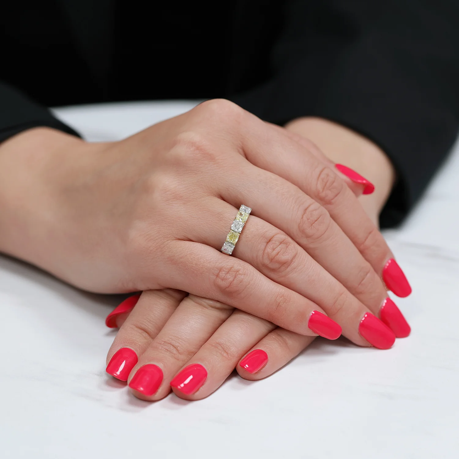 Platinum Cushion Cut Diamond And Yellow Diamond Five Stone Eternity Ring - Image 3