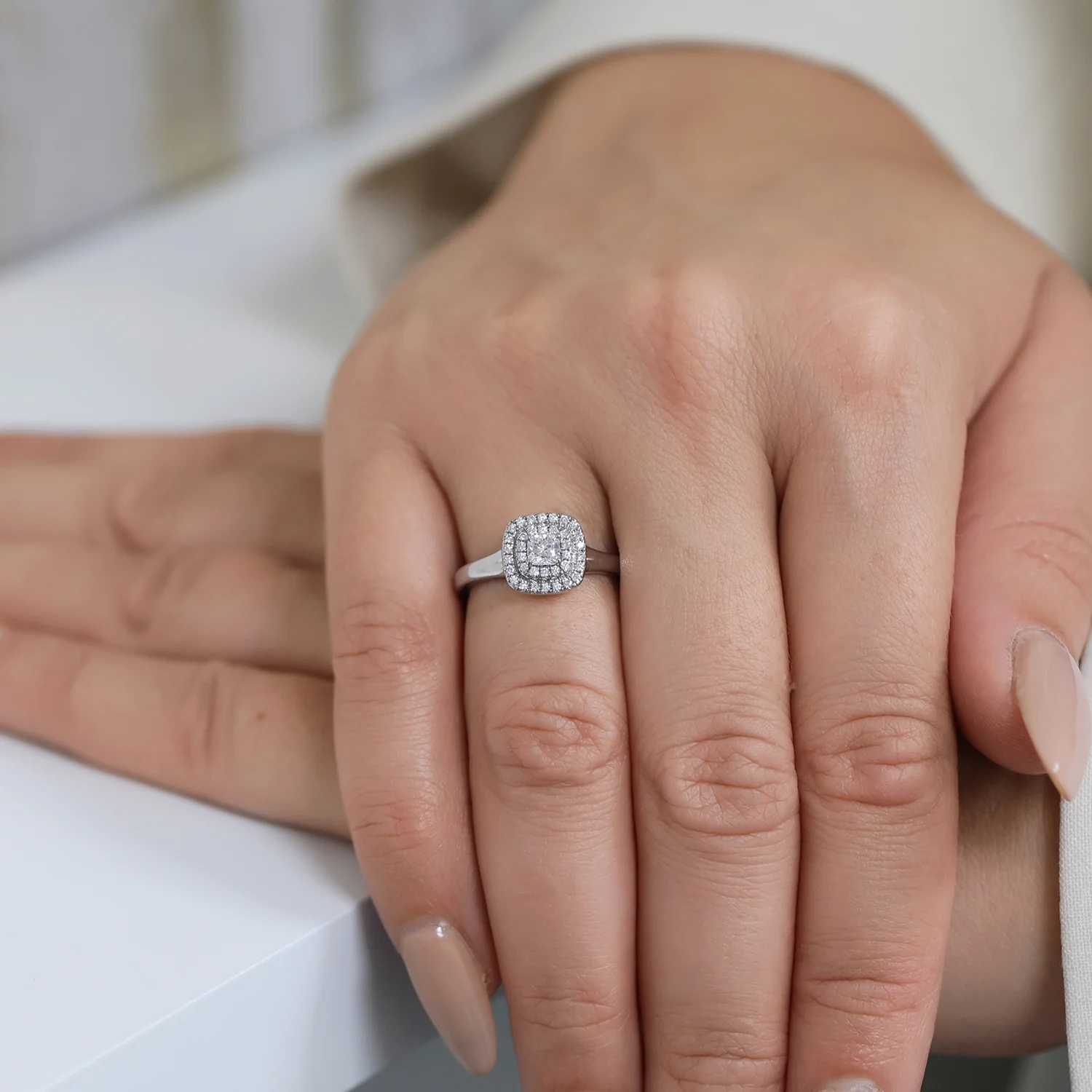 Platinum Cushion Cut Diamond Double Halo Ring - Image 2