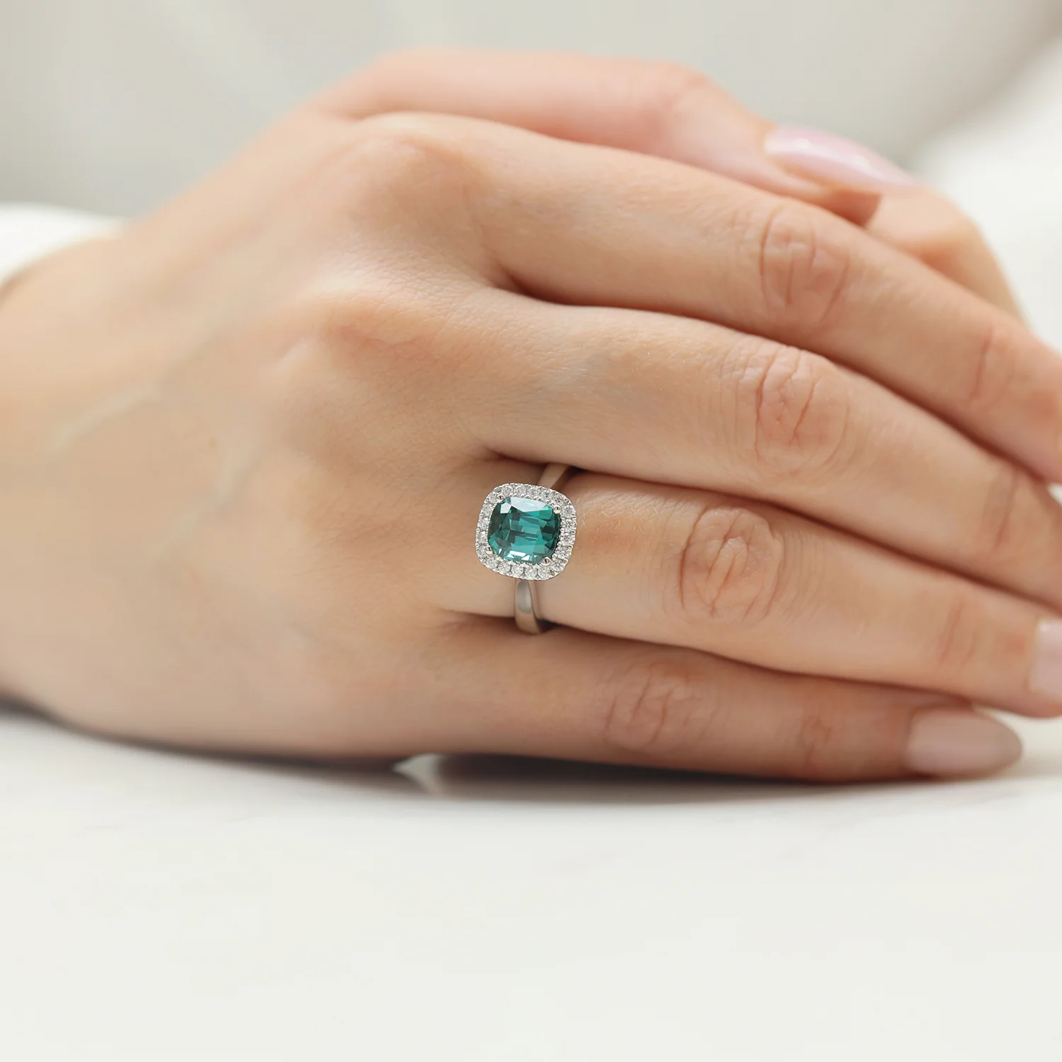 Platinum Cushion Cut Green Tourmaline & Round Brilliant Diamond Halo Ring - Image 2