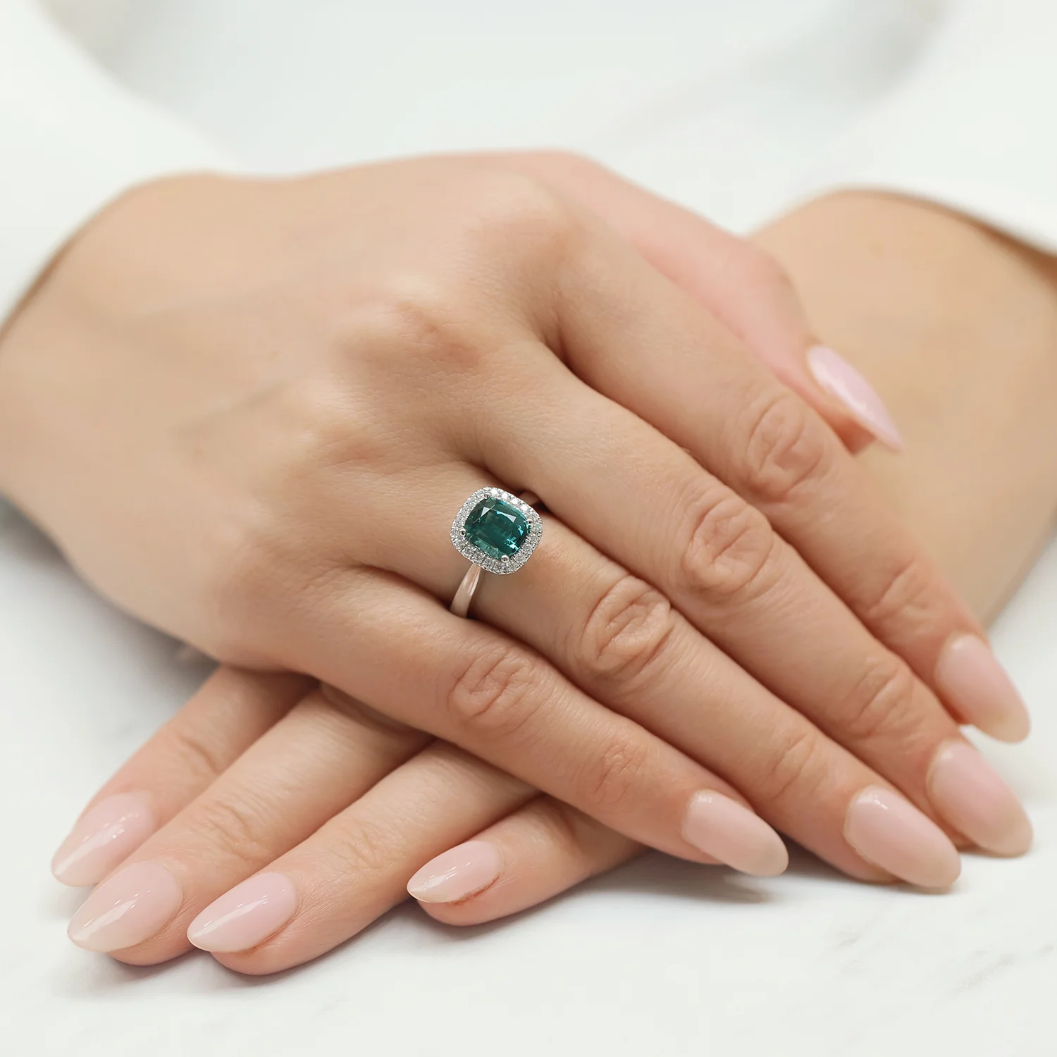Platinum Cushion Cut Green Tourmaline & Round Brilliant Diamond Halo Ring - Image 3