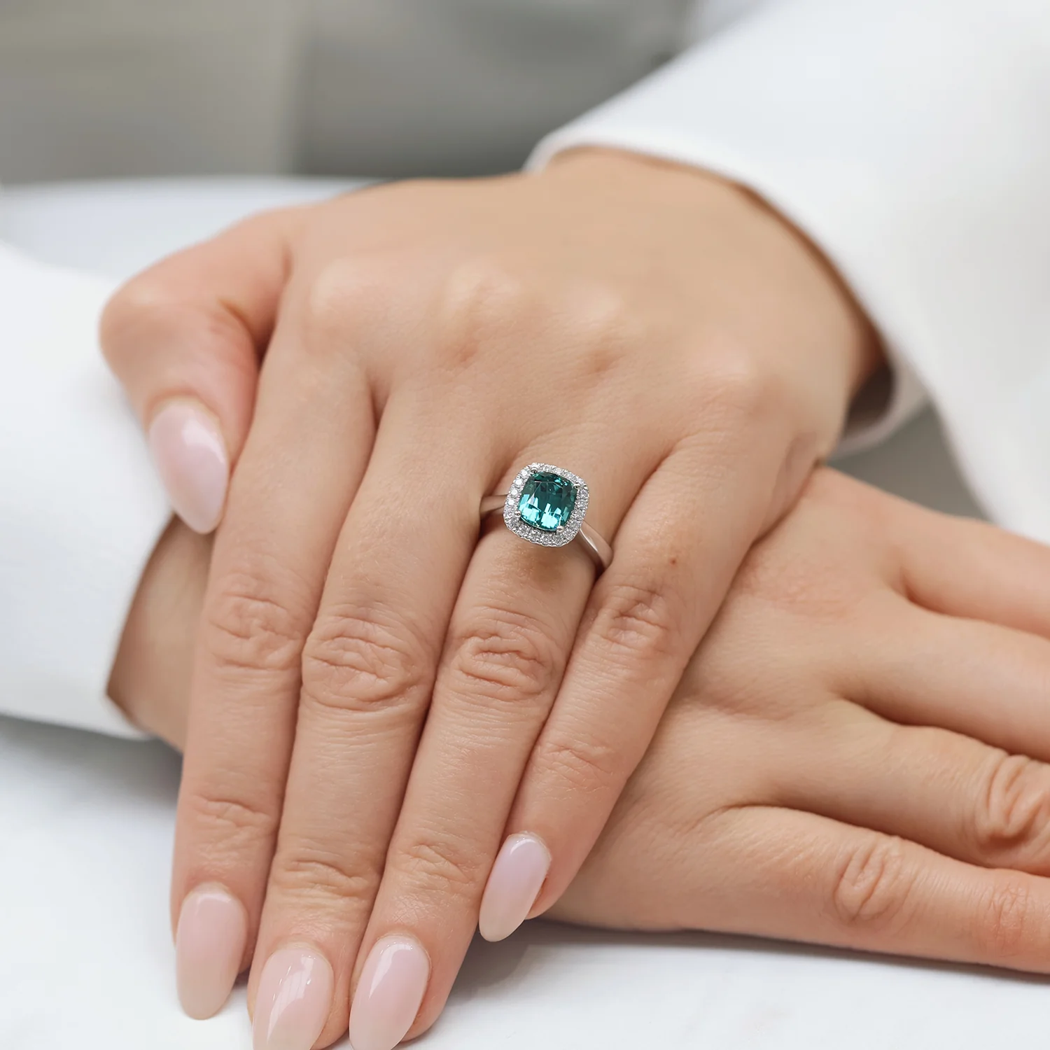 Platinum Cushion Cut Green Tourmaline & Round Brilliant Diamond Halo Ring - Image 4