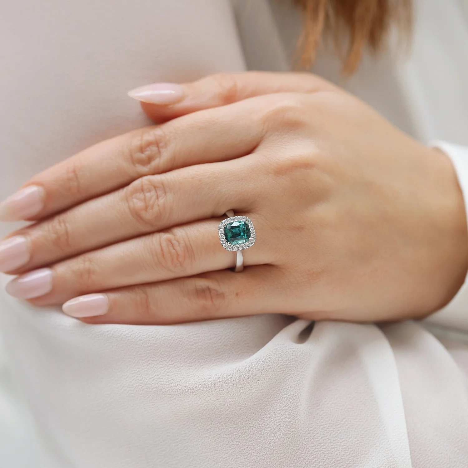 Platinum Cushion Cut Green Tourmaline & Round Brilliant Diamond Halo Ring - Image 5