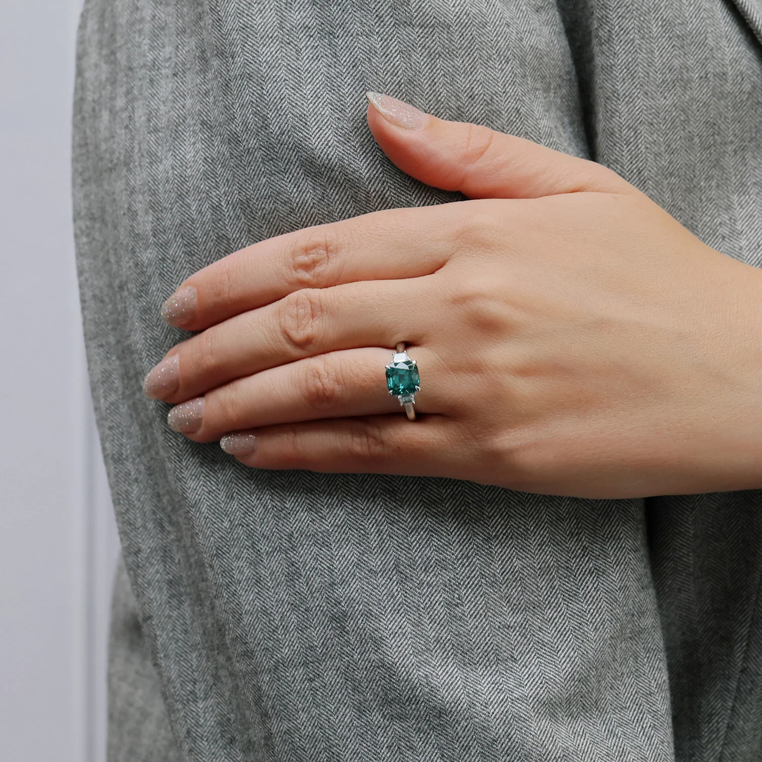 Platinum Cushion Cut Indicolite Tourmaline And Trapeze Cut Diamond Three Stone Ring - Image 3