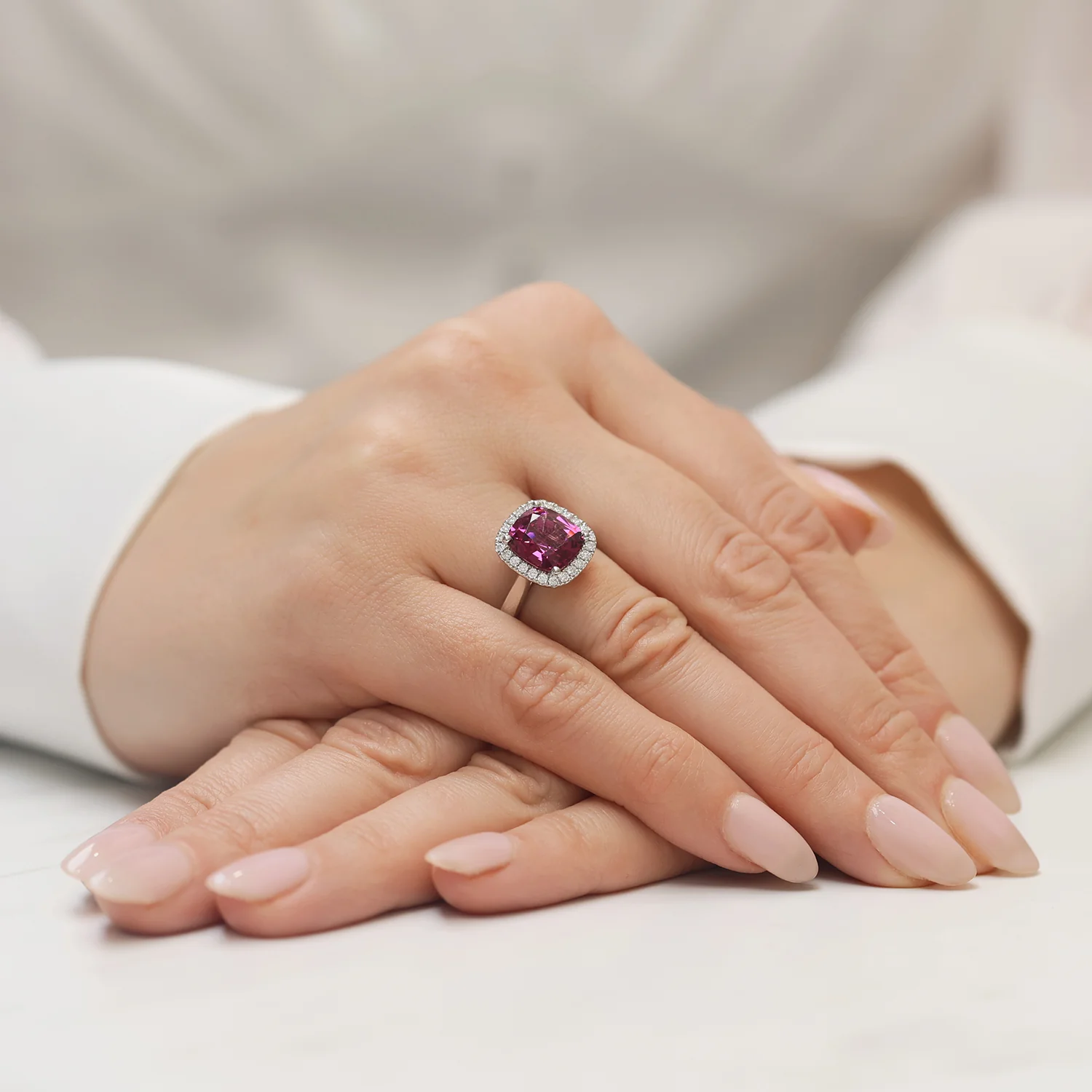 Platinum Cushion Cut Rhodolite Garnet With A Diamond Halo Surround - Image 2