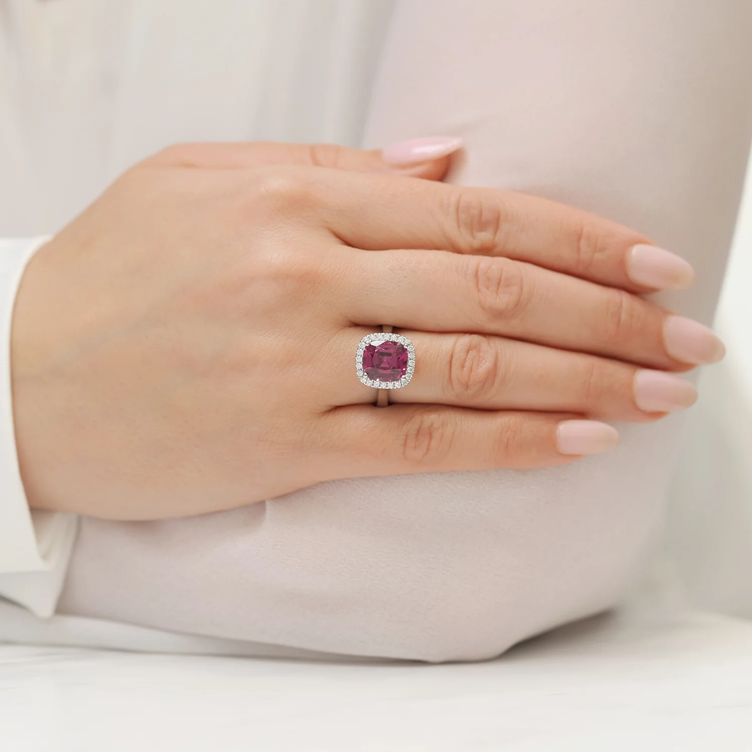 Platinum Cushion Cut Rhodolite Garnet With A Diamond Halo Surround - Image 3