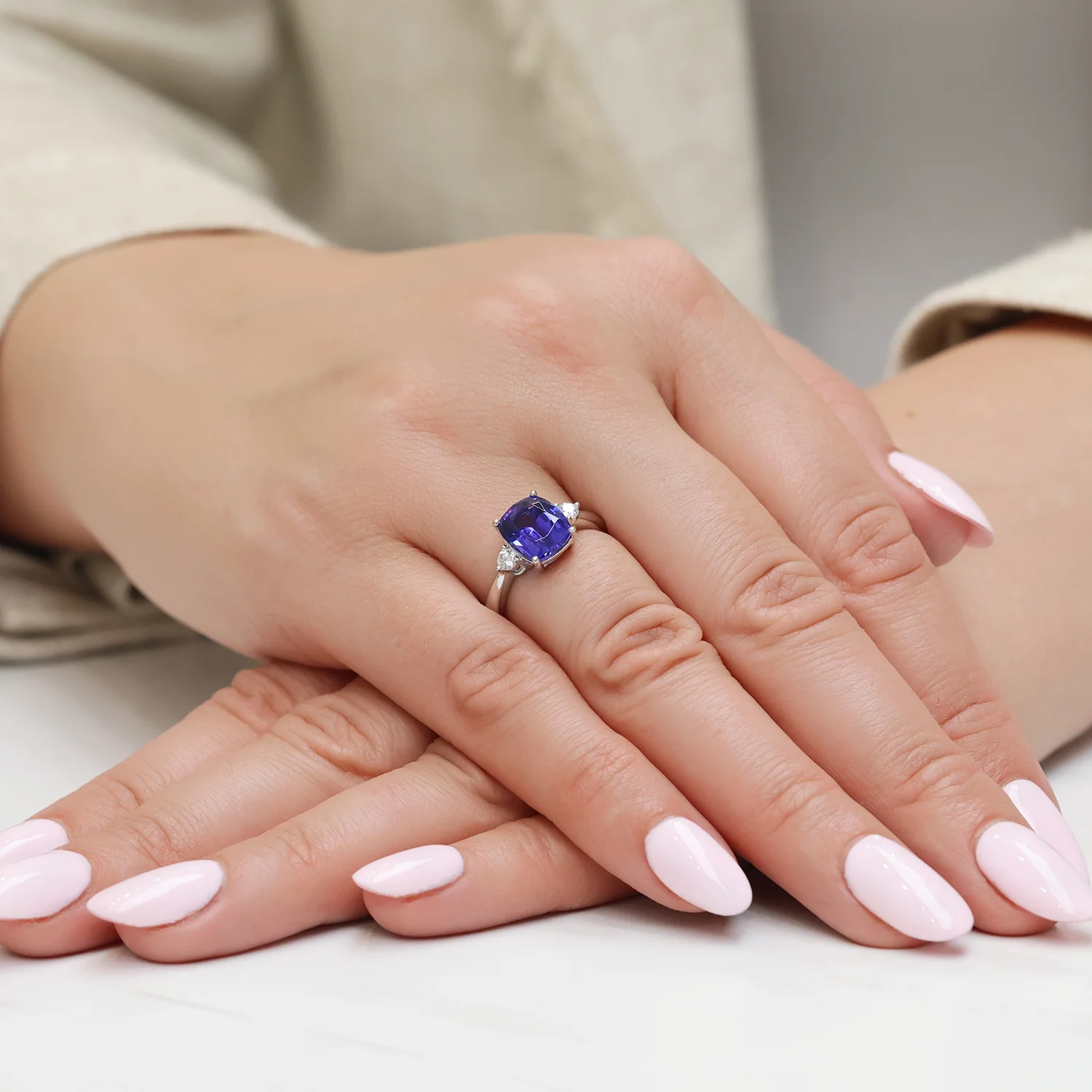 Platinum Cushion Cut Tanzanite And Diamond Three Stone Ring - Image 2
