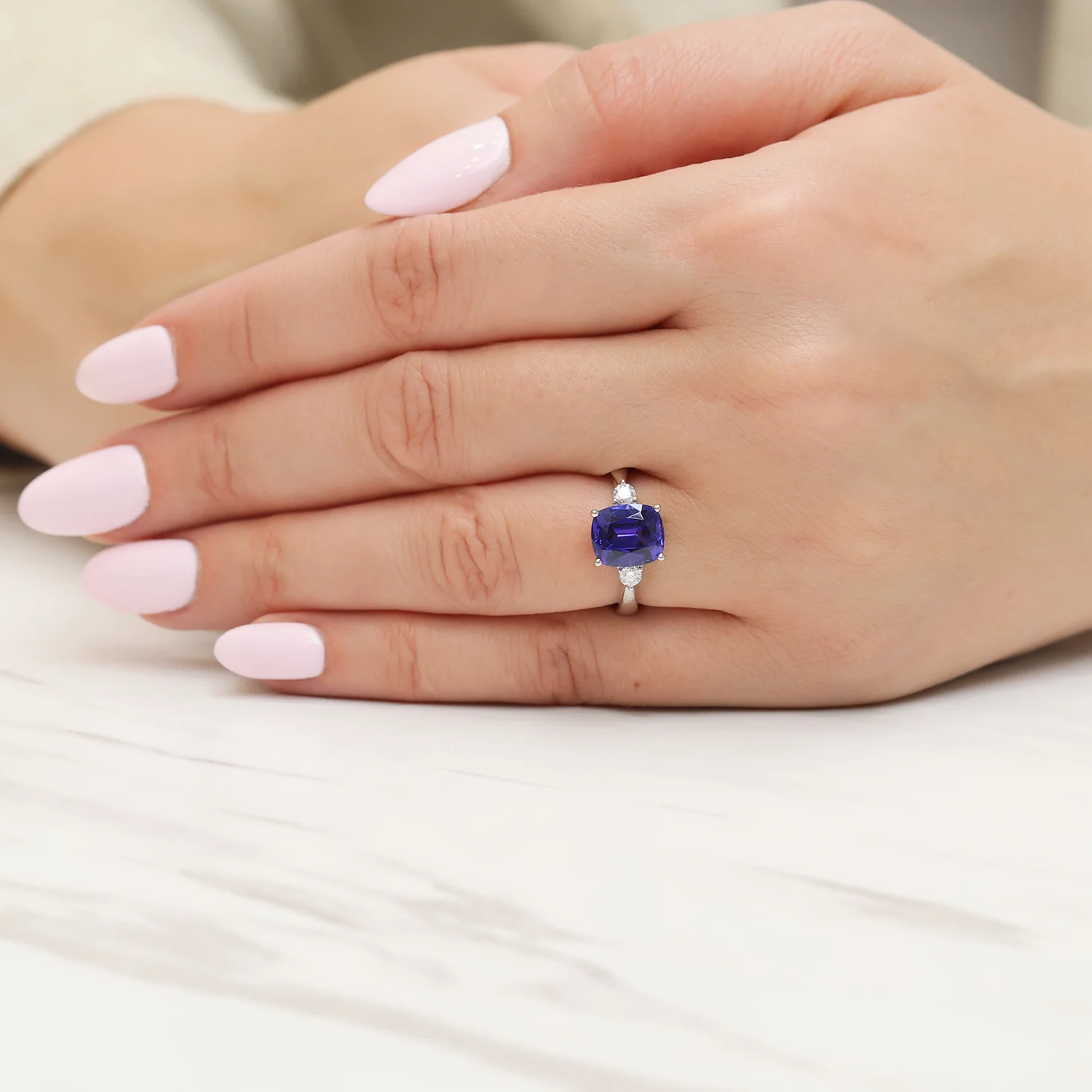 Platinum Cushion Cut Tanzanite And Diamond Three Stone Ring - Image 3