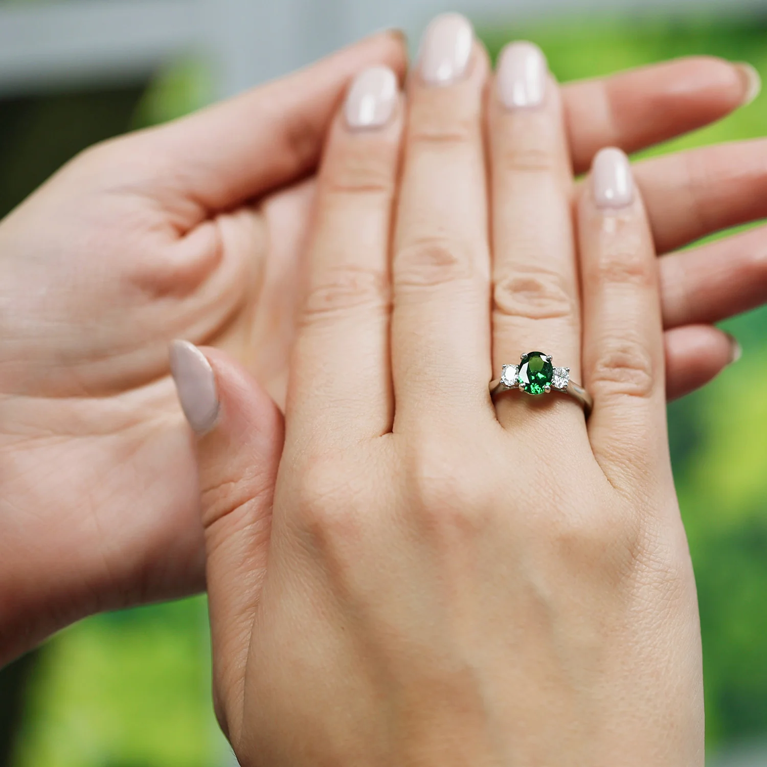 Platinum Oval Cut Tsavorite And  Diamond Three Stone Ring - Image 2