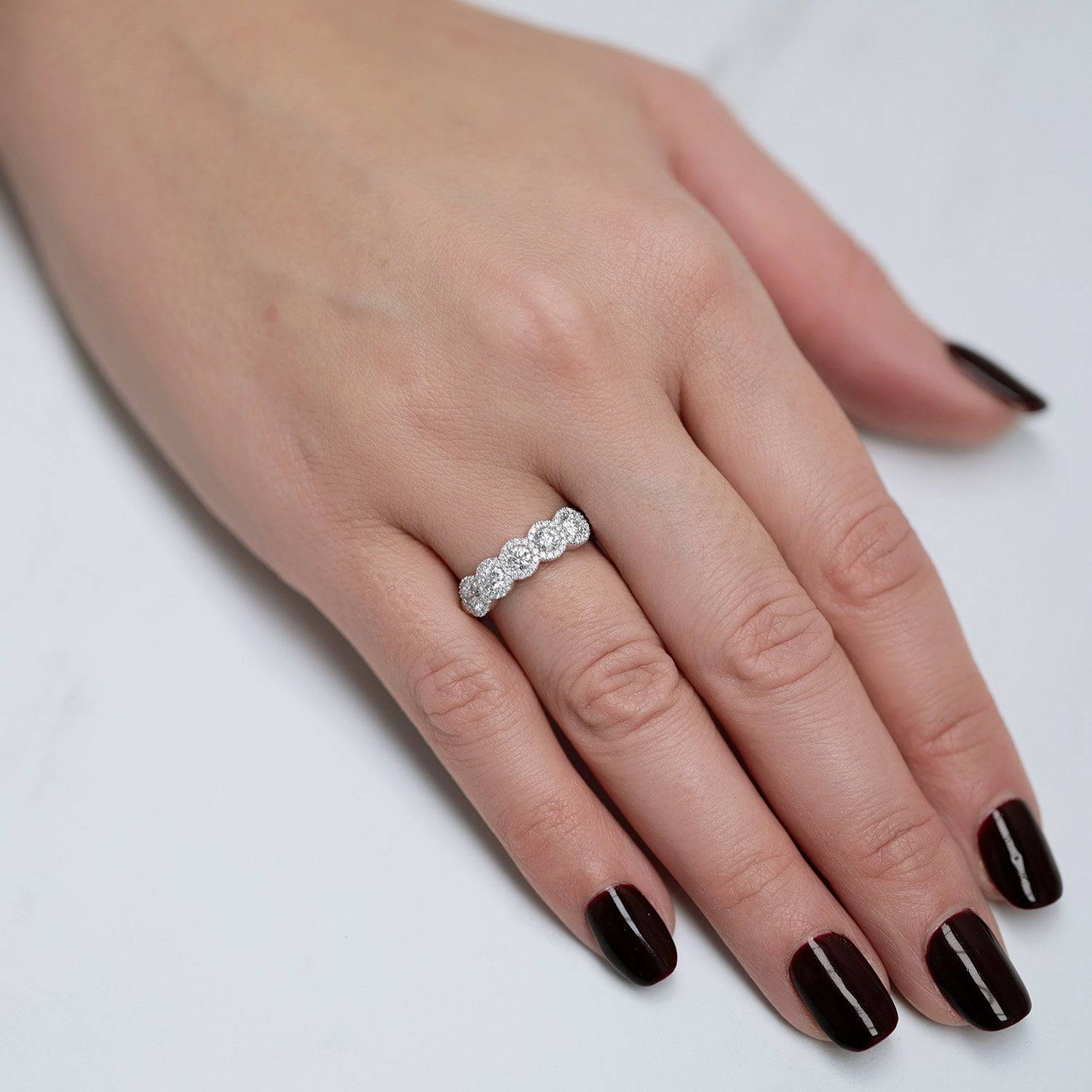 Platinum Diamond Five Stone Halo Set Half Eternity Ring - Image 2