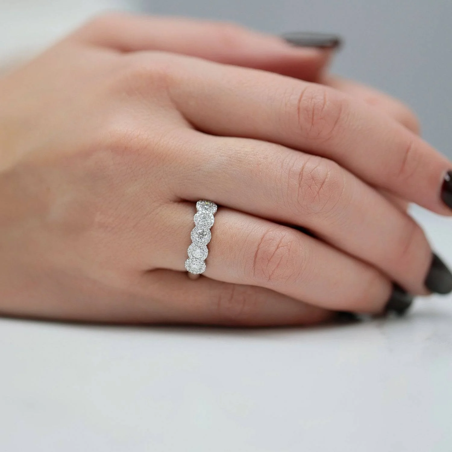 Platinum Diamond Five Stone Halo Set Half Eternity Ring - Image 3