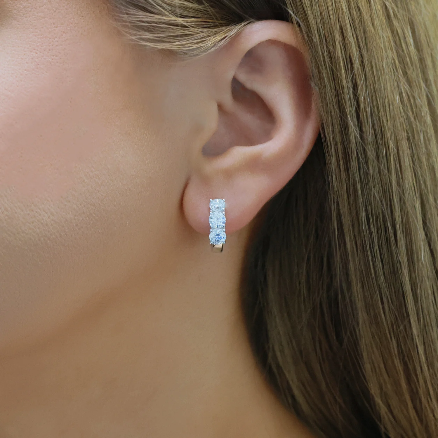 Platinum Diamond Three Stone Hoop Earrings - Image 3