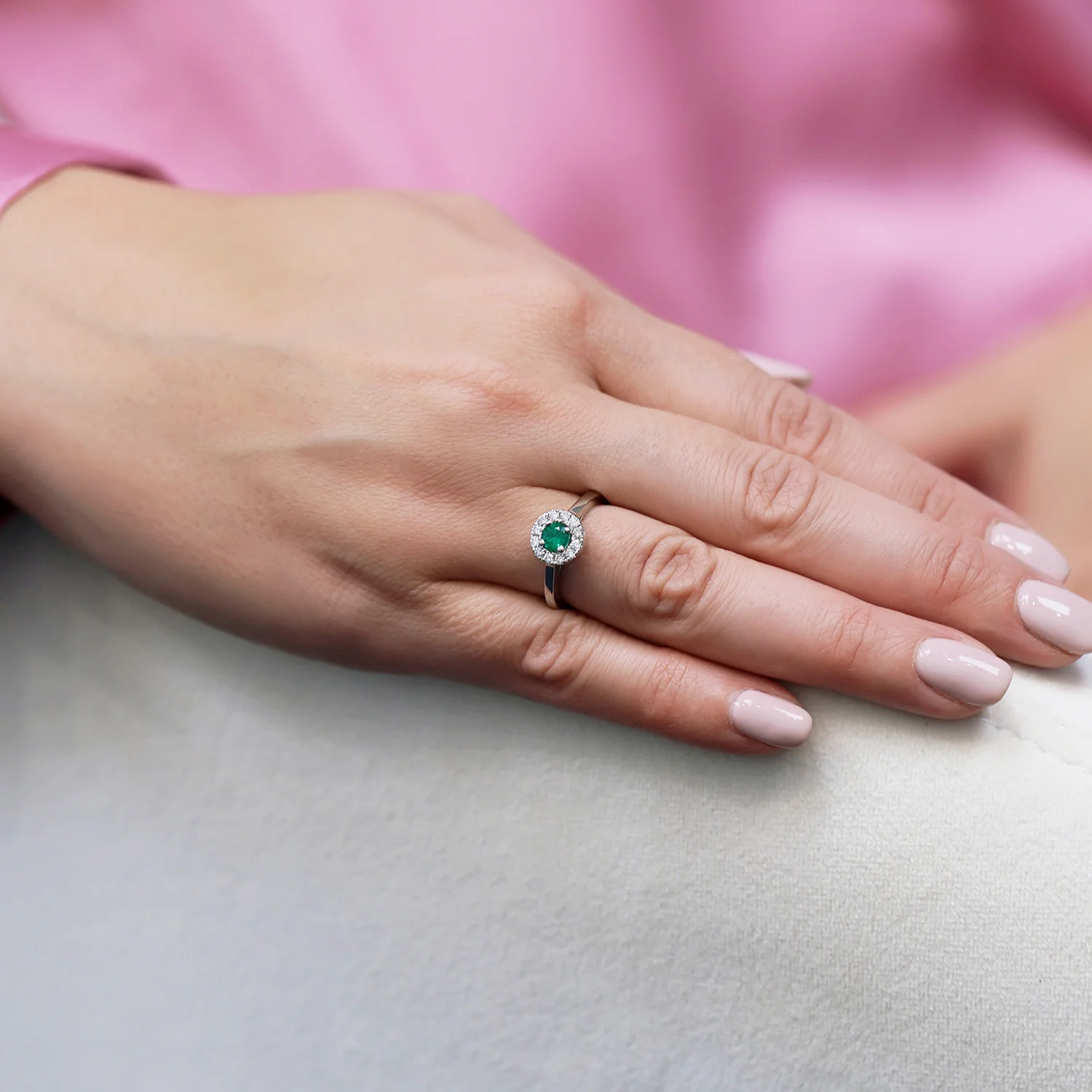 Platinum Emerald And Diamond Halo Surround Dress Ring - Image 2