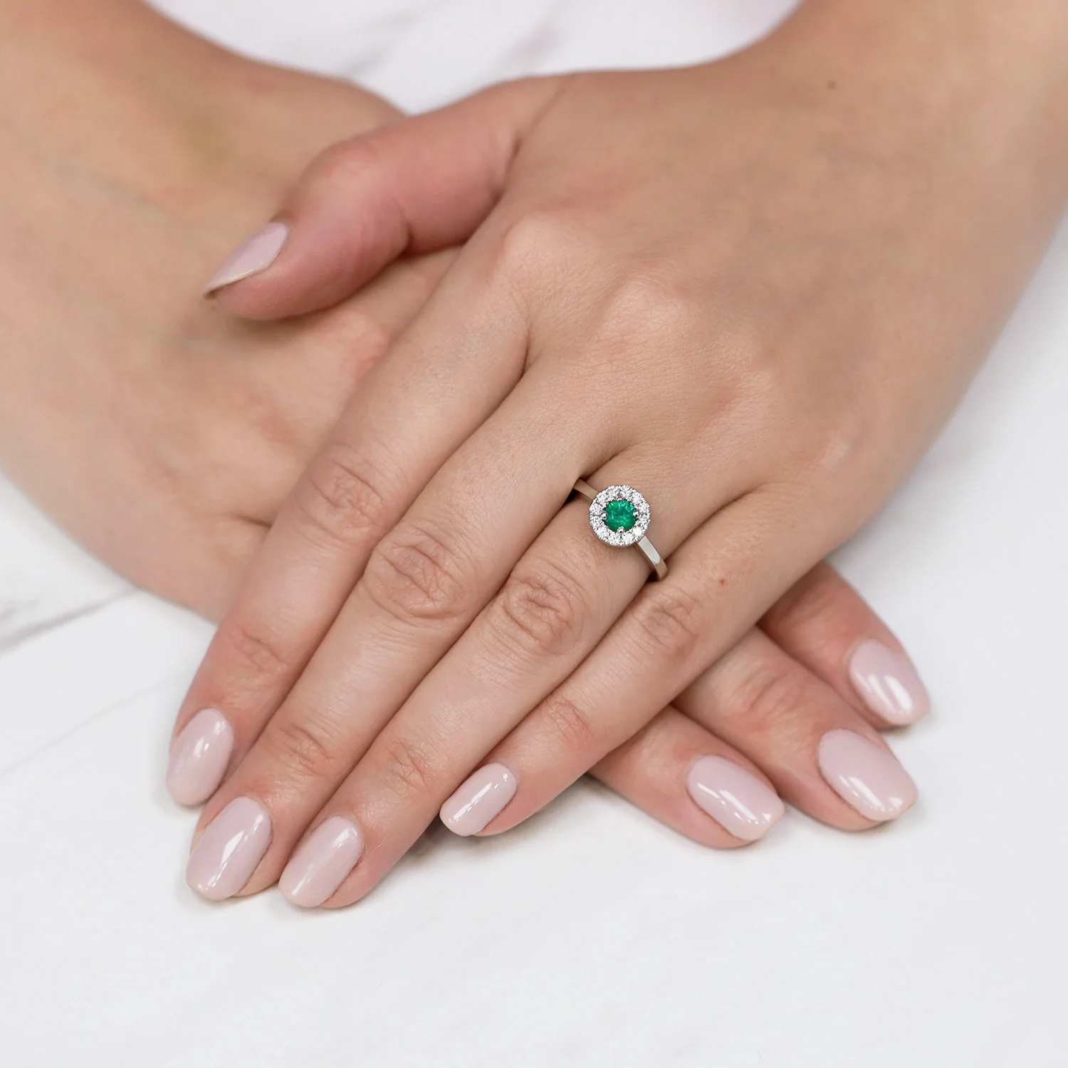 Platinum Emerald And Diamond Halo Surround Dress Ring - Image 3