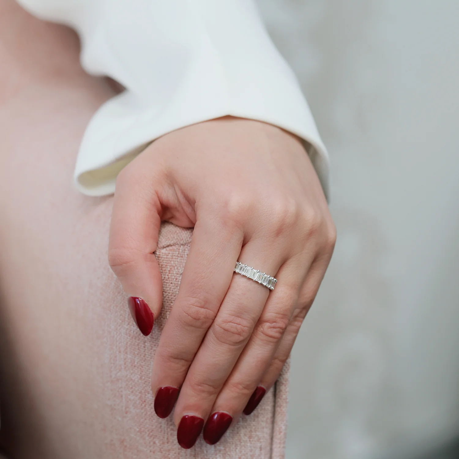 Platinum Emerald Cut Diamond Claw Set Half Eternity Ring - Image 2