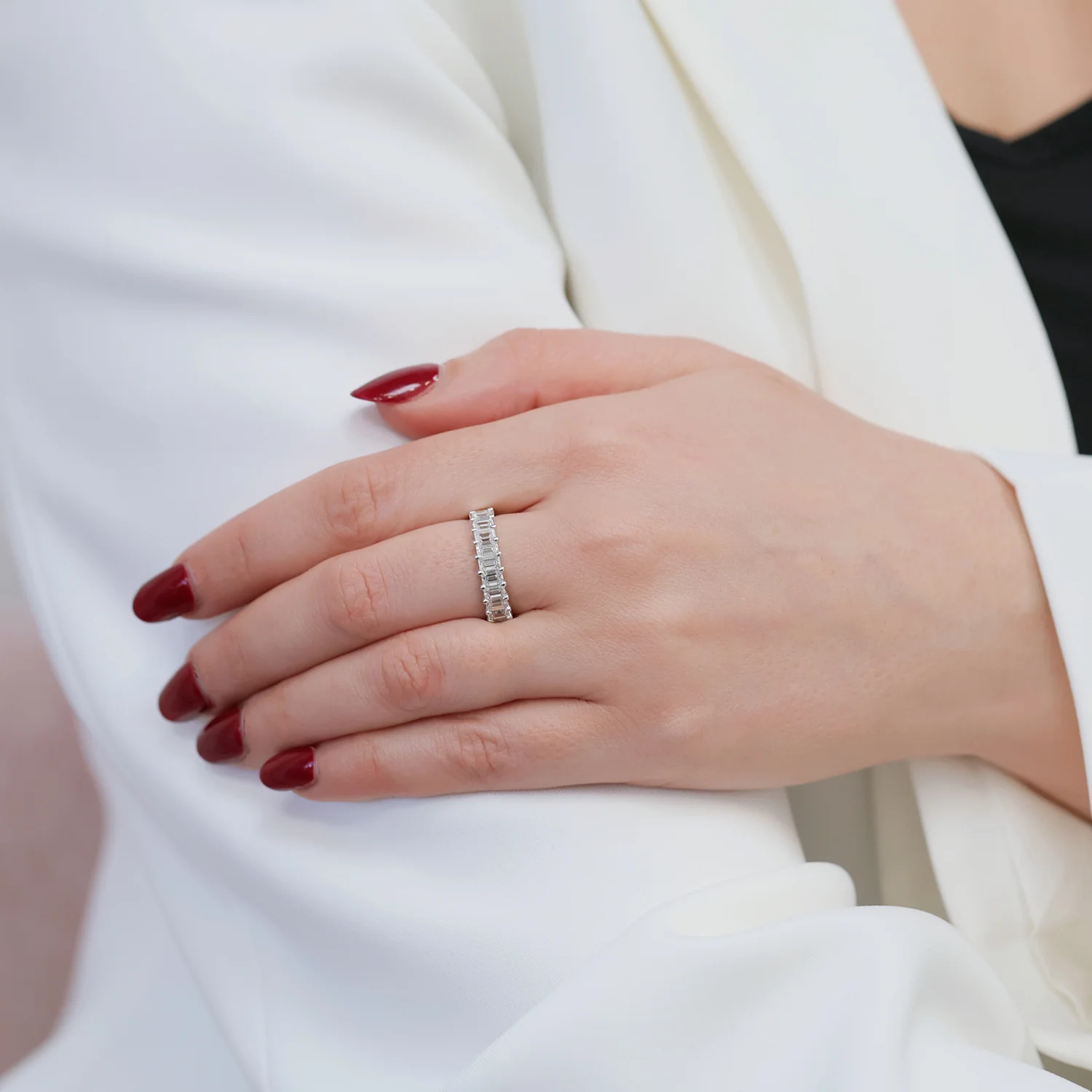 Platinum Emerald Cut Diamond Claw Set Half Eternity Ring - Image 3