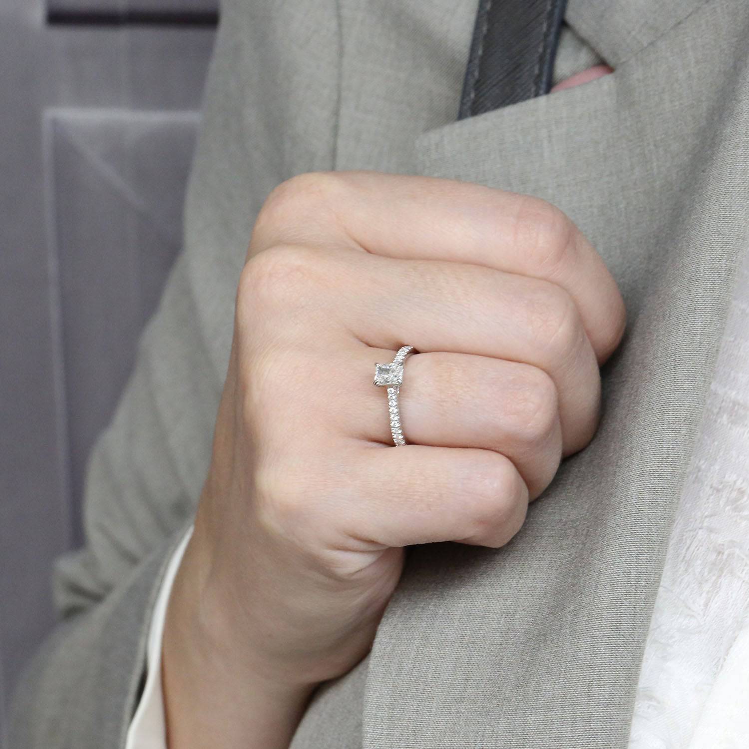 Platinum Emerald Cut Diamond Engagement Ring With Diamond Set Shoulders - Image 2
