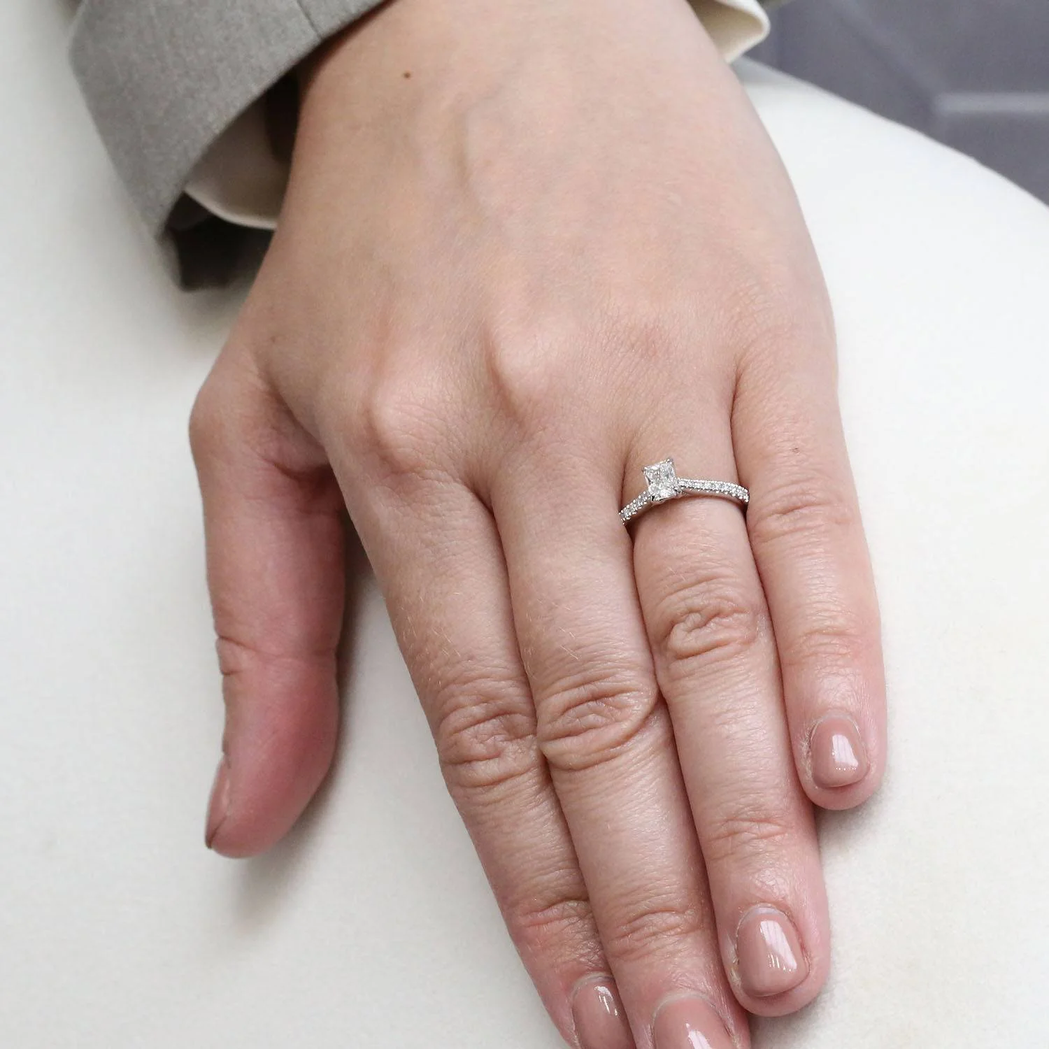 Platinum Emerald Cut Diamond Engagement Ring With Diamond Set Shoulders - Image 3