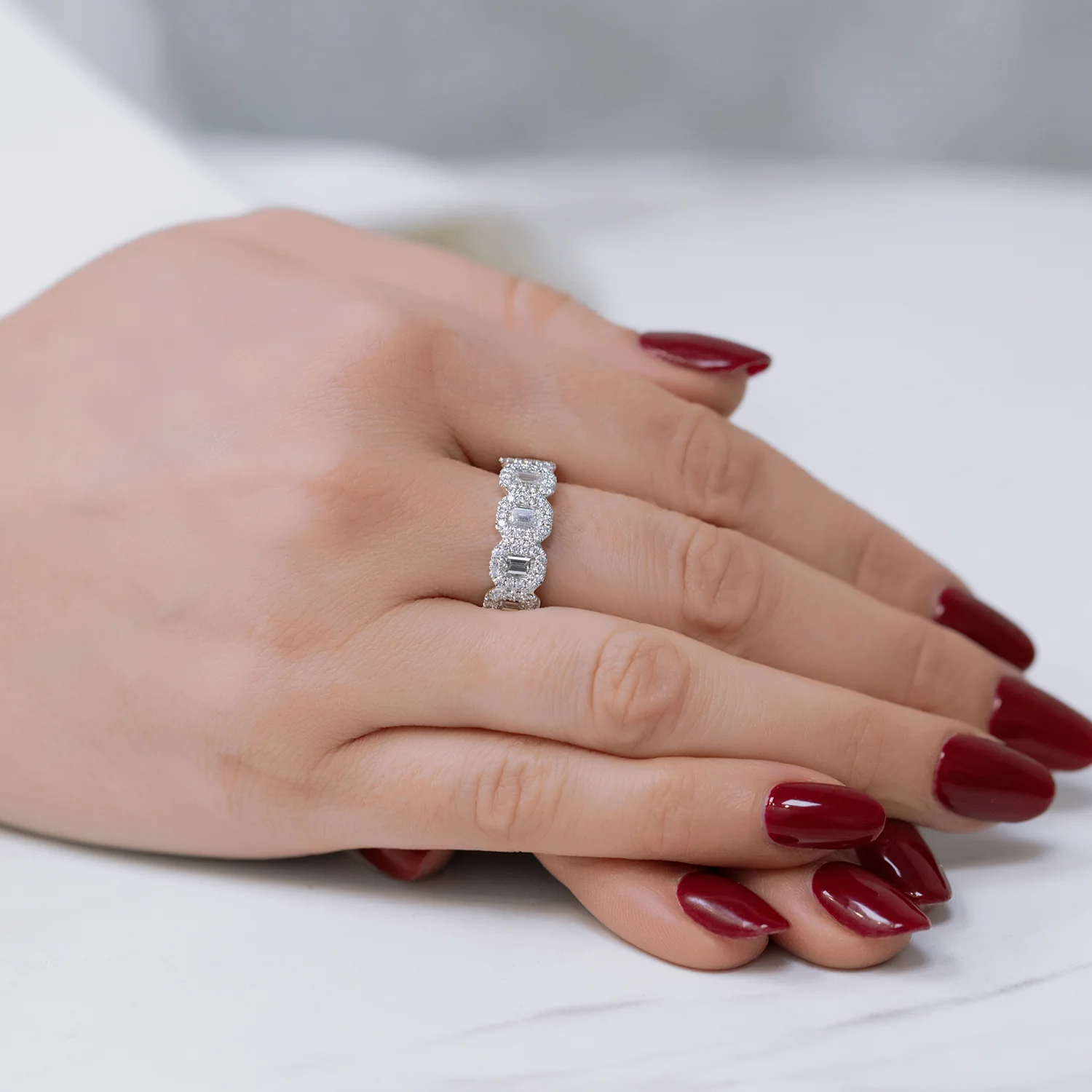 Platinum Emerald Cut Diamond Five Stone Halo Ring - Image 2