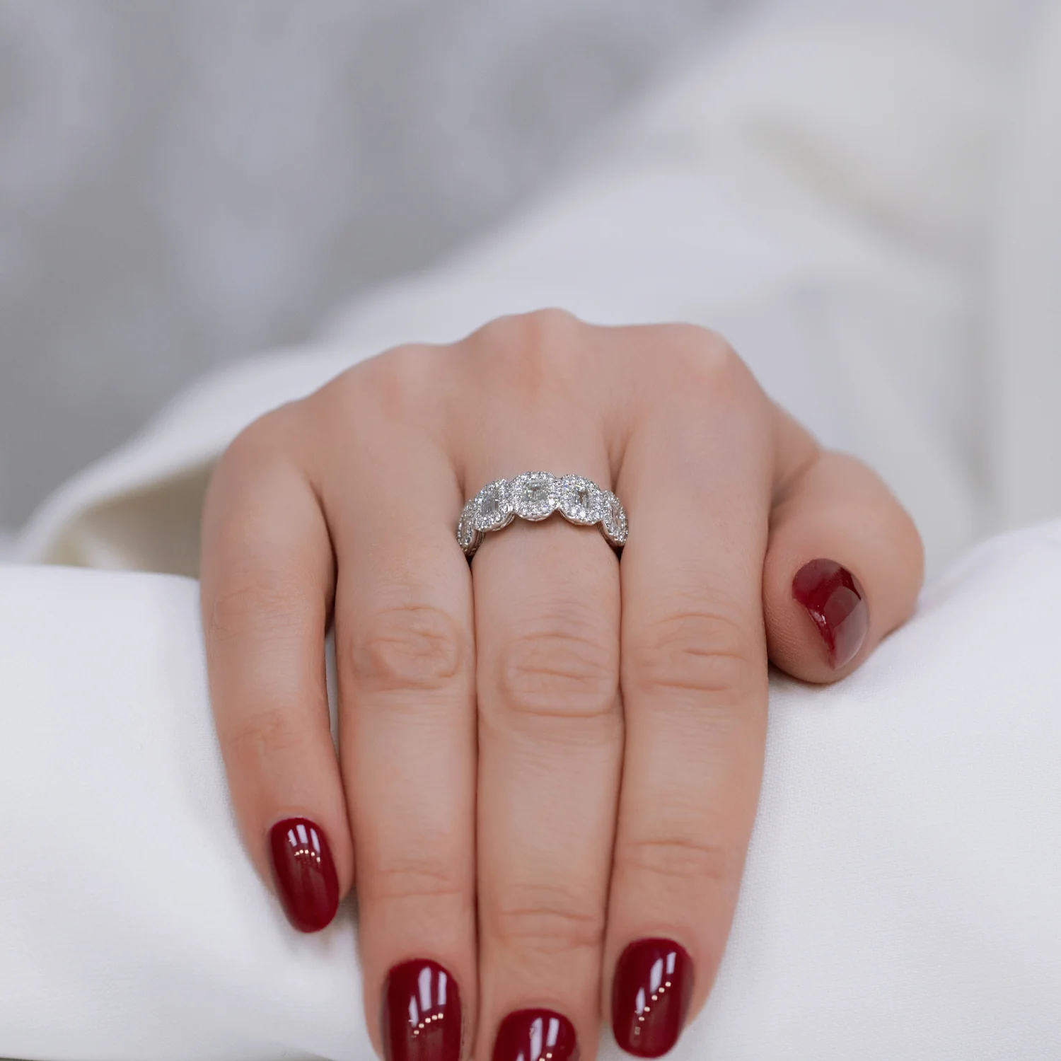Platinum Emerald Cut Diamond Five Stone Halo Ring - Image 3