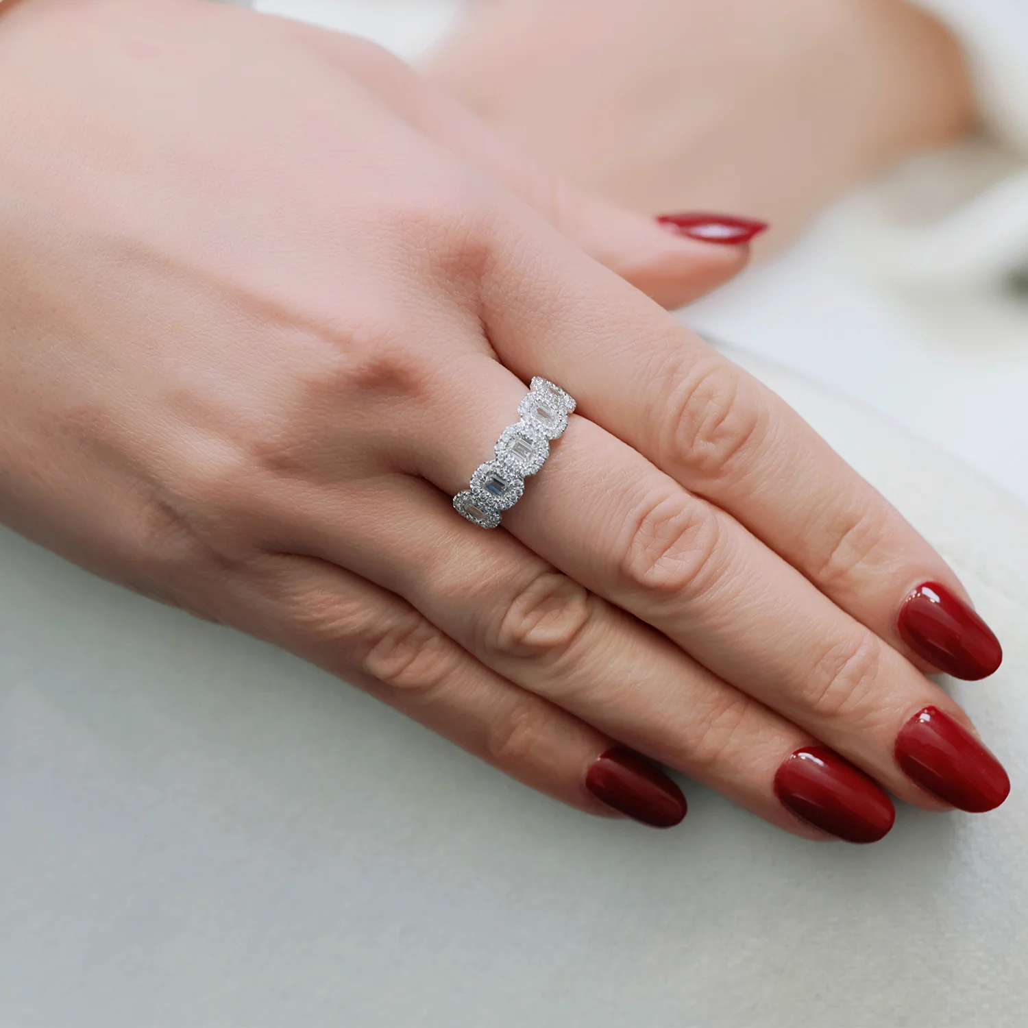 Platinum Emerald Cut Diamond Five Stone Halo Ring - Image 4