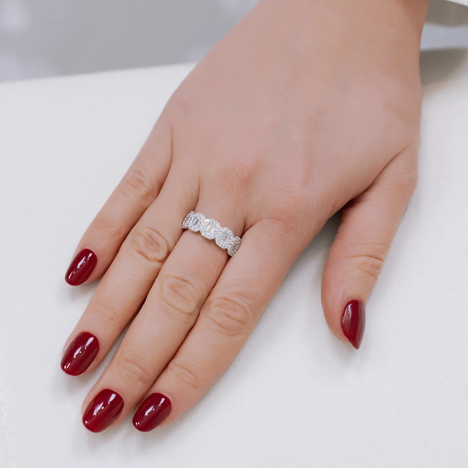 Platinum Emerald Cut Diamond Five Stone Halo Ring - Image 5