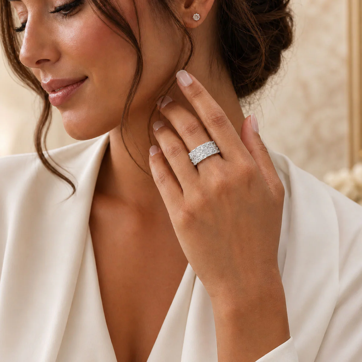 Platinum Emerald Cut Diamond Four Row Dress Ring - Image 2