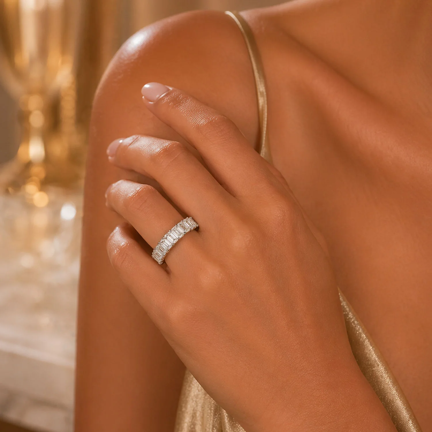 Platinum Emerald Cut Diamond Full Claw Set Eternity Ring - Image 3