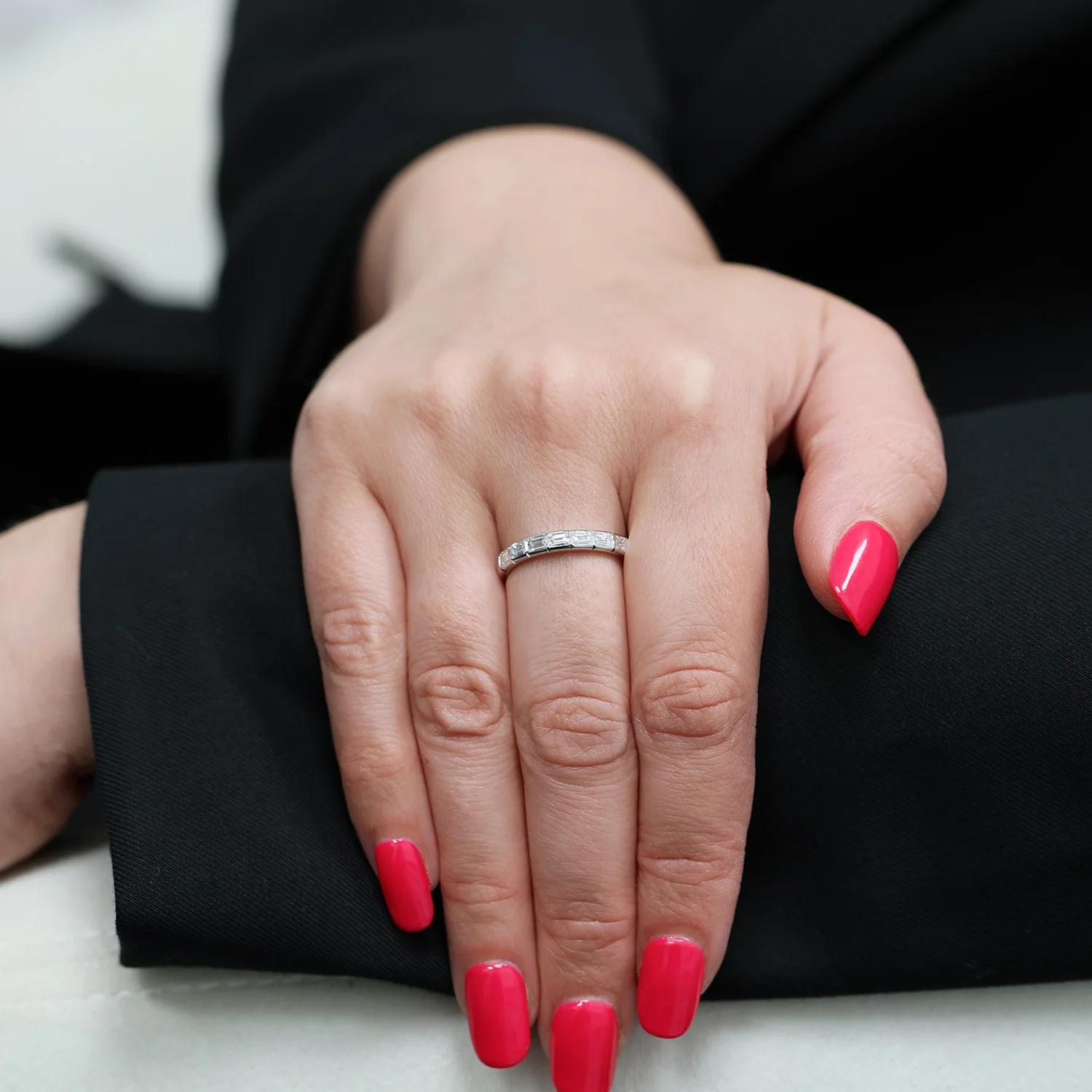 Platinum Emerald Cut Diamond Half Eternity Ring - Image 2
