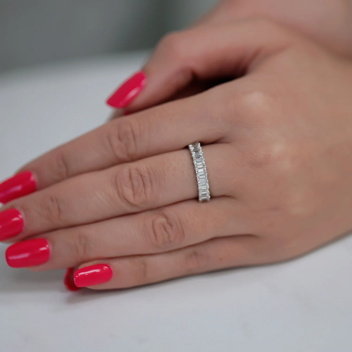 Platinum Emerald Cut Diamond Half Eternity Ring - Image 3