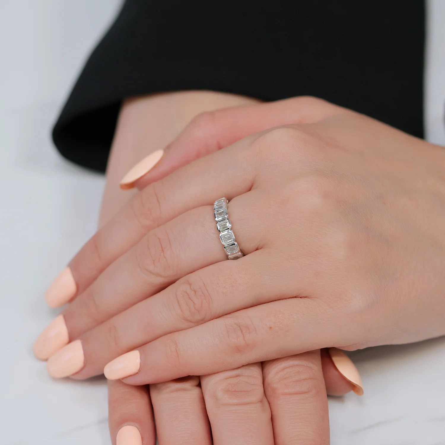 Platinum Emerald Cut Diamond Half Eternity Rub Over Set Ring - Image 2