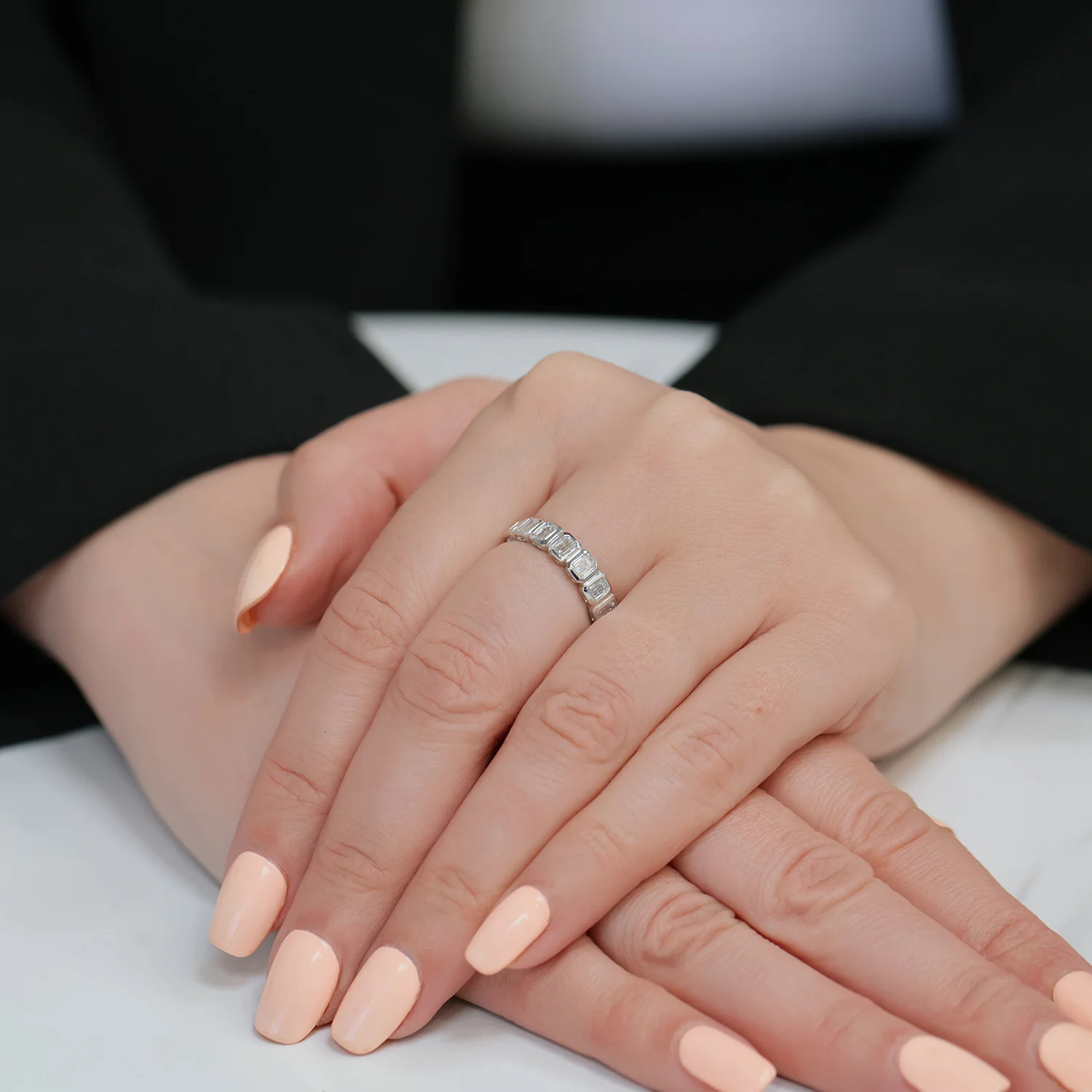 Platinum Emerald Cut Diamond Half Eternity Rub Over Set Ring - Image 3