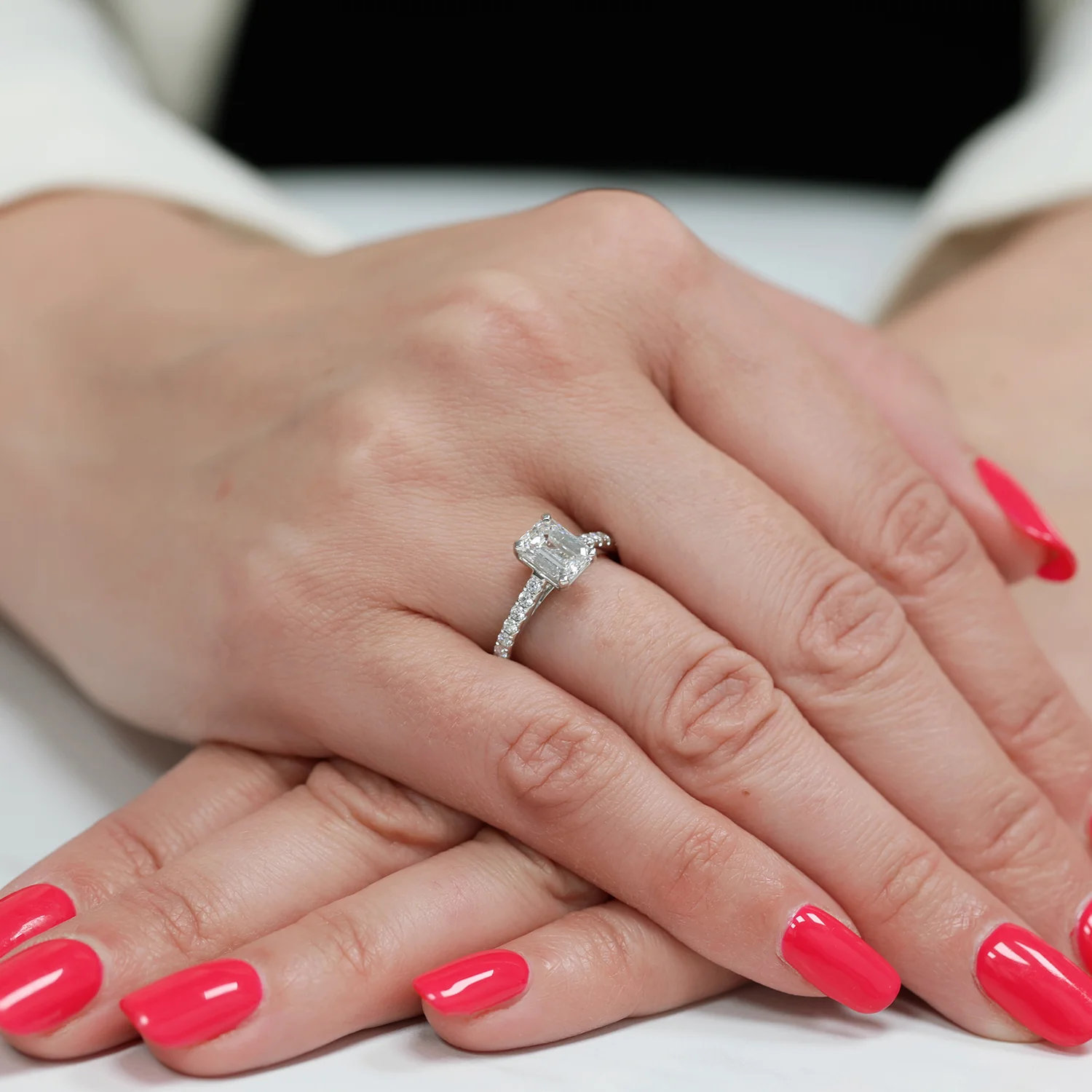 Platinum Emerald Cut Diamond Ring With Diamond Set Shoulders - Image 2