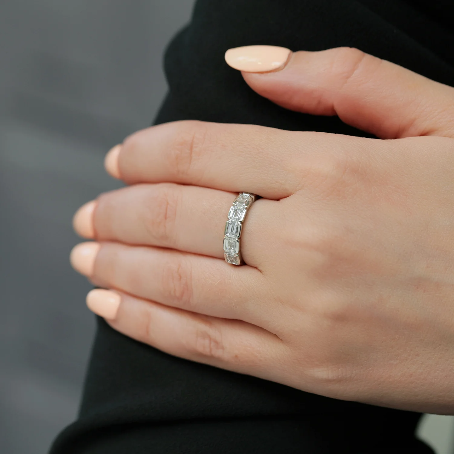 Platinum Emerald Cut Diamond Rub Over Half Eternity Ring - Image 2